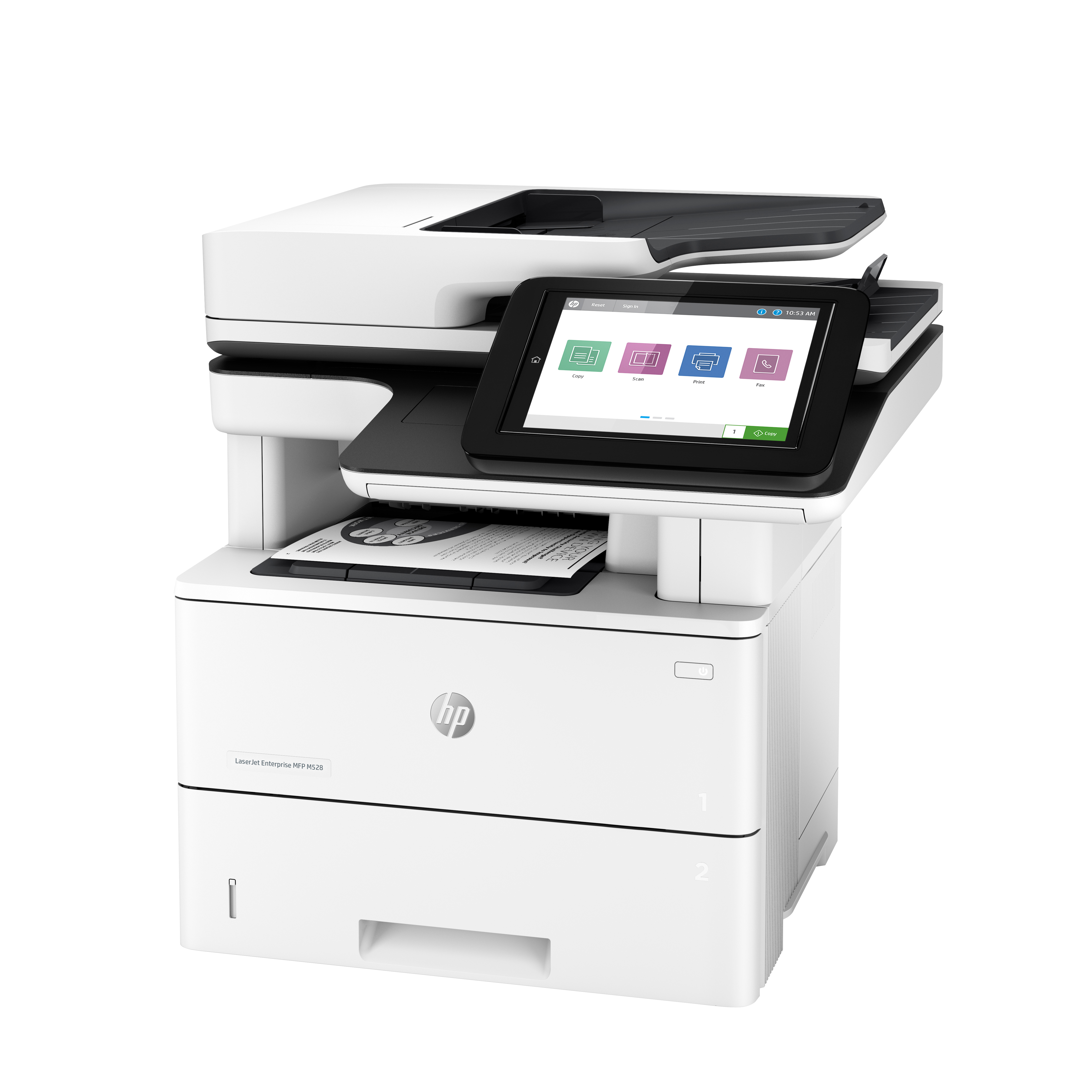 Impresora HP blanca con panel de control táctil. Sale un papel. La pantalla muestra iconos de copiar, escanear, imprimir y fax.