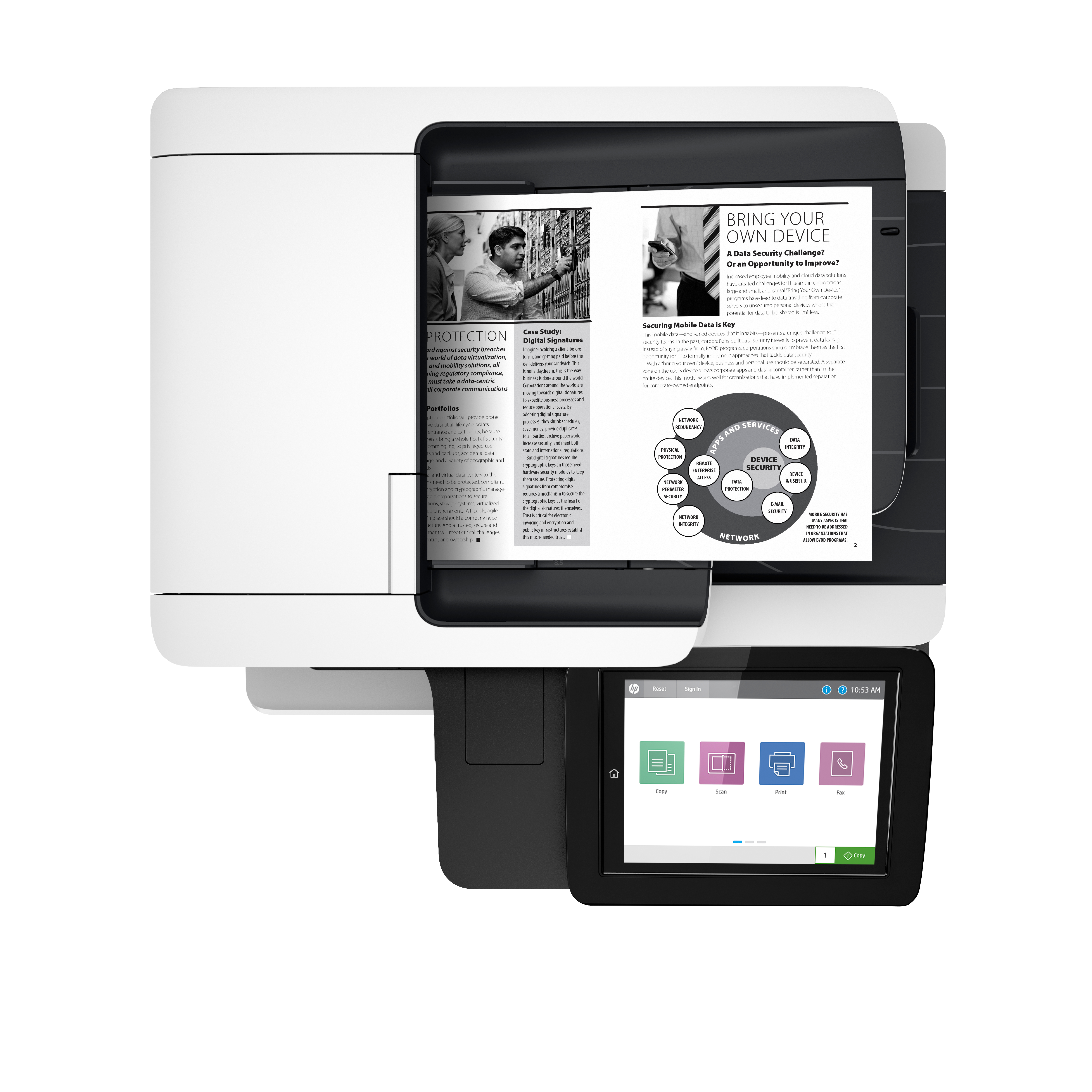 Vista superior de una impresora HP blanca y negra con un documento en el escáner. La pantalla muestra un documento y una pantalla táctil.