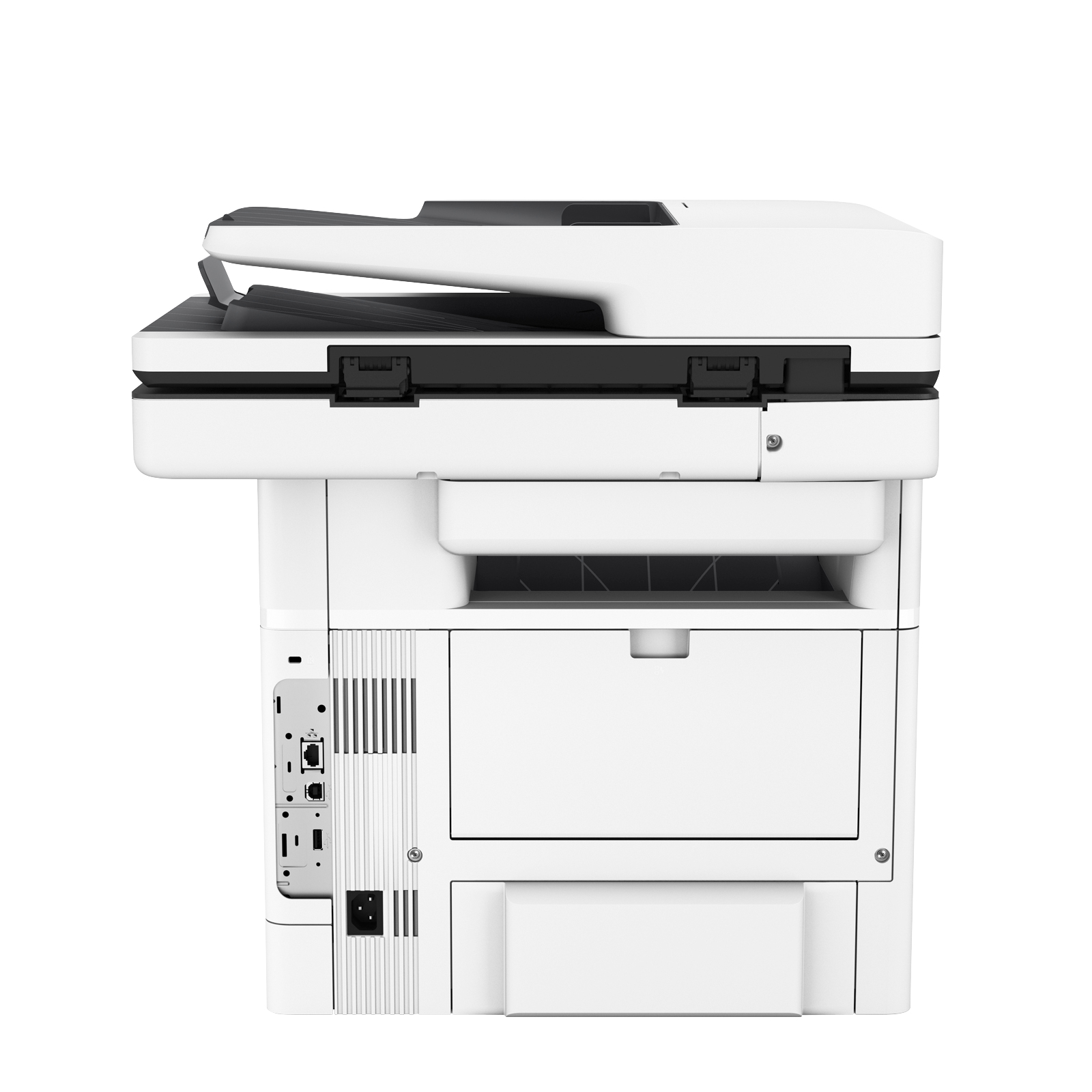 Vista trasera de una impresora HP blanca, mostrando la parte trasera con puertos y una bandeja de papel. La parte trasera es blanca.