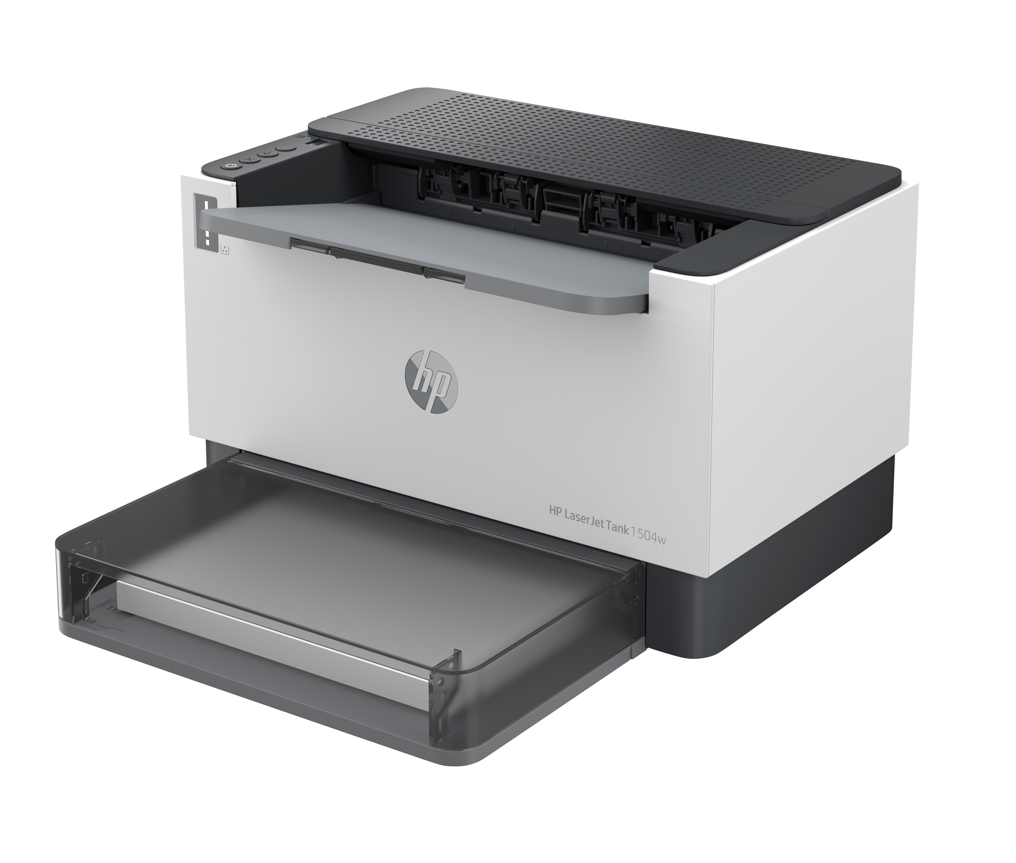Weißer HP-Drucker mit offenem Papierfach. Die Oberseite ist schwarz. Das HP-Logo befindet sich in der Mitte.