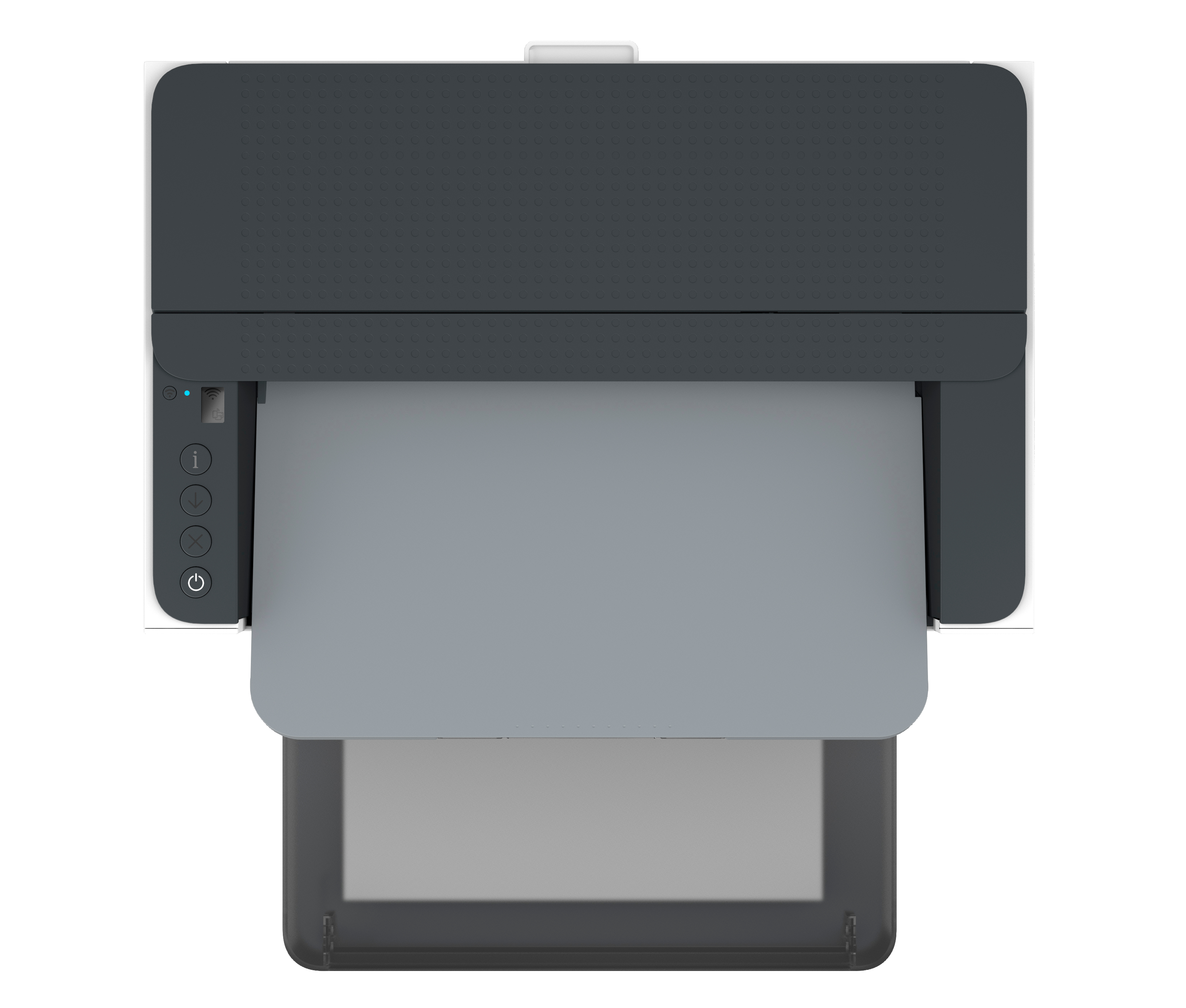 Draufsicht auf einen weißen HP-Drucker mit geöffnetem Fach. Die Bedienelemente befinden sich links. Die Oberseite ist schwarz.