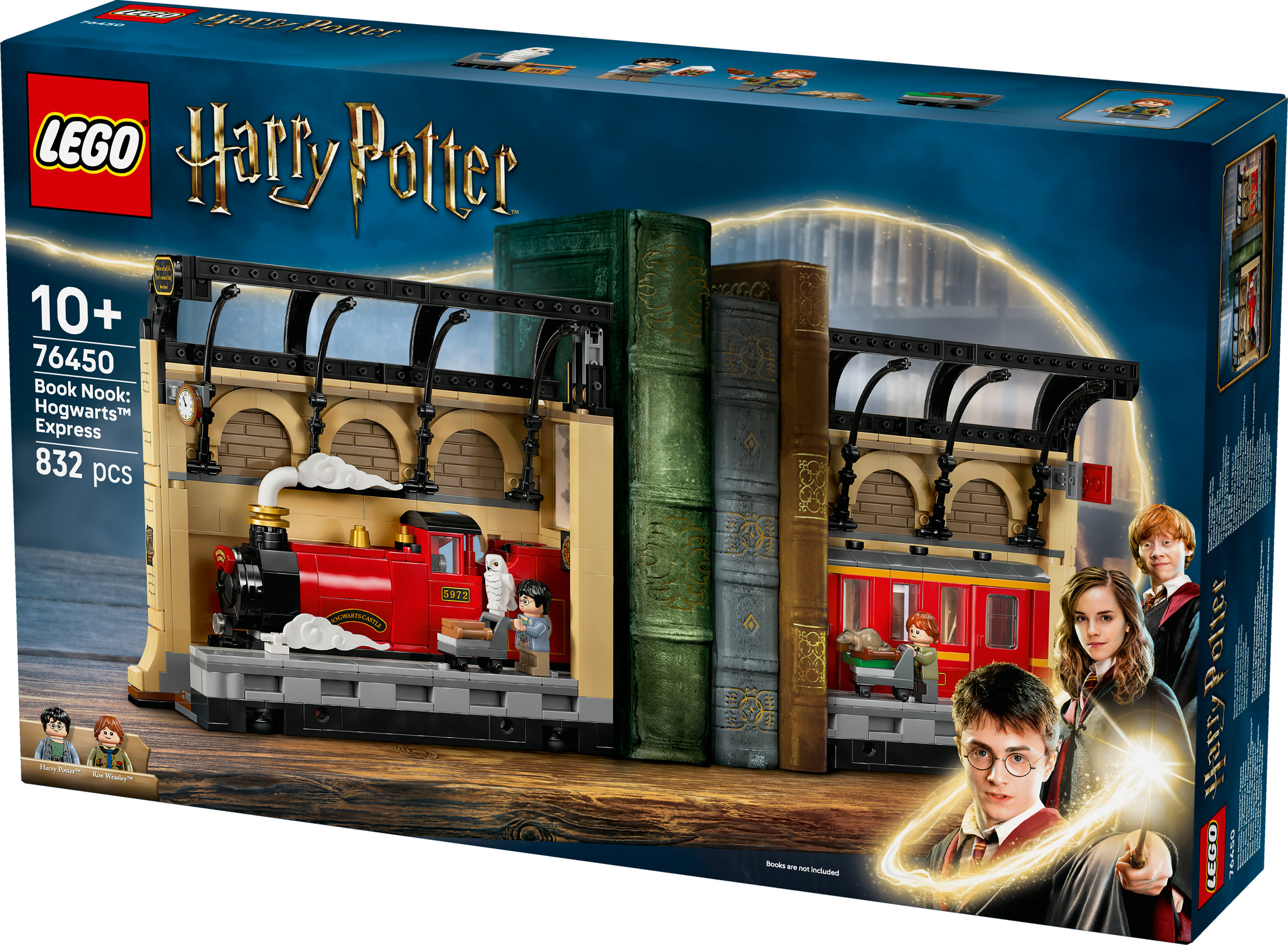 Caja Lego Harry Potter con tren, estación y figuras de Harry, Ron y Hermione.