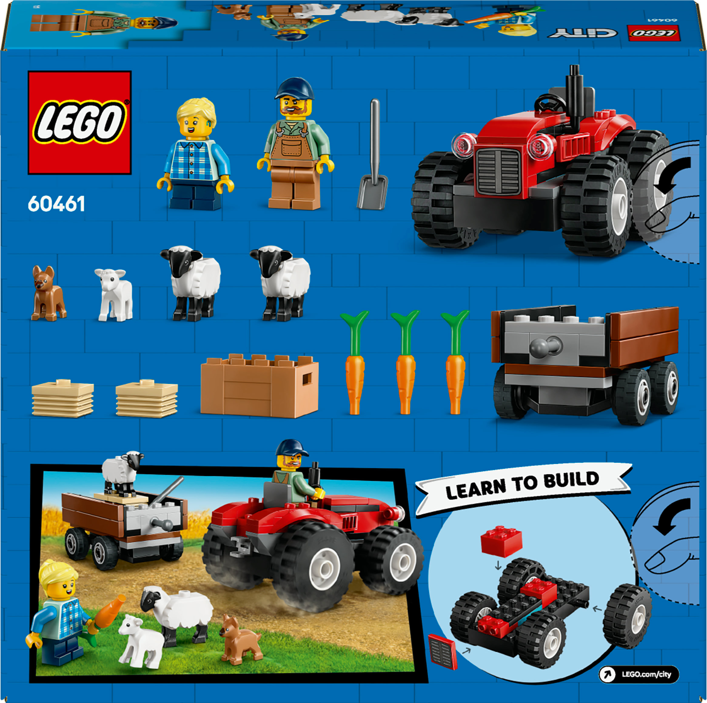 Lego City Box zeigt einen roten Traktor mit Anhänger, Bauer, Schafe und andere Elemente.