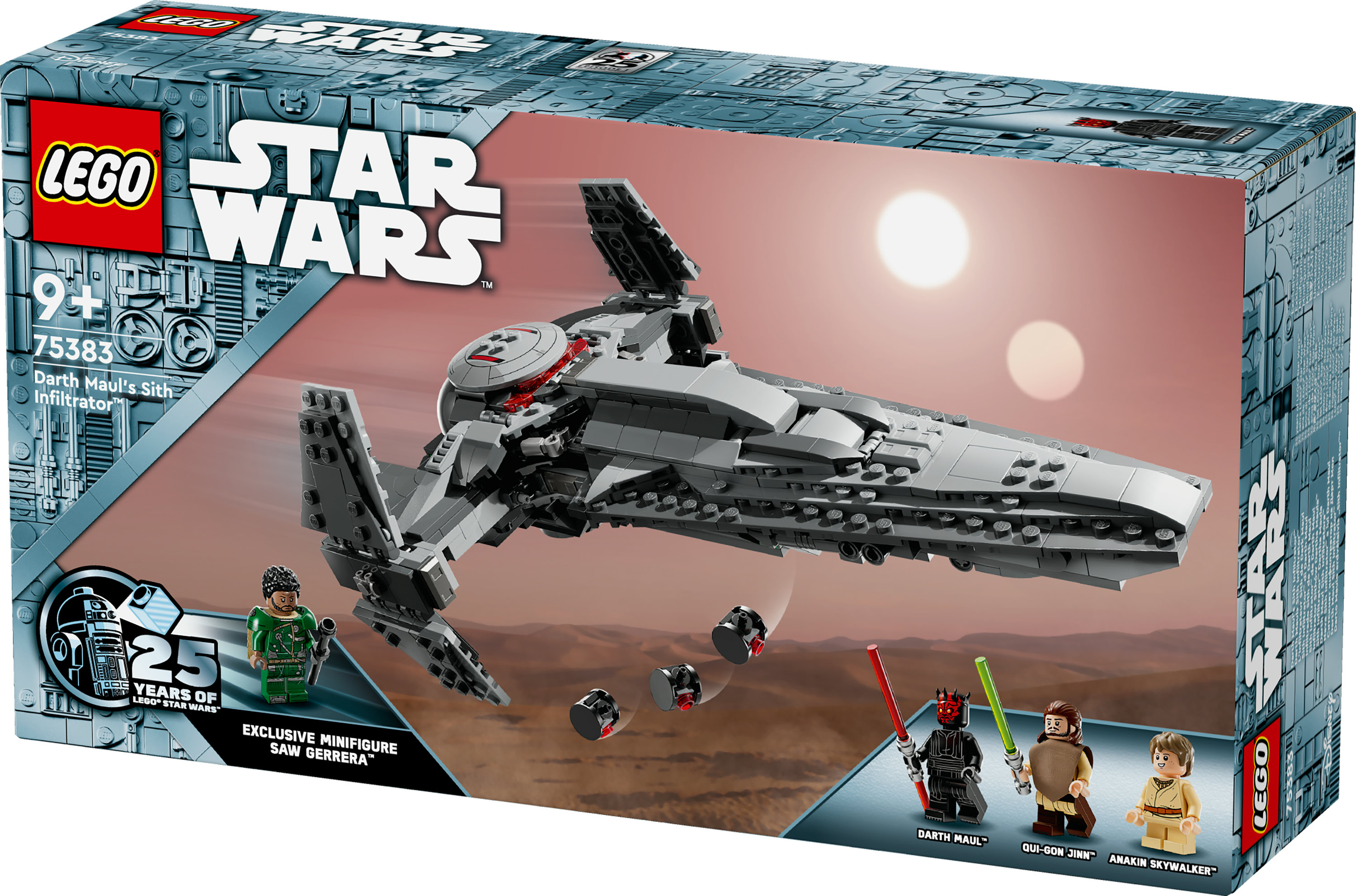 Pudełko Lego Star Wars ze statkiem kosmicznym, pustynią i figurkami Dartha Maula i innych.