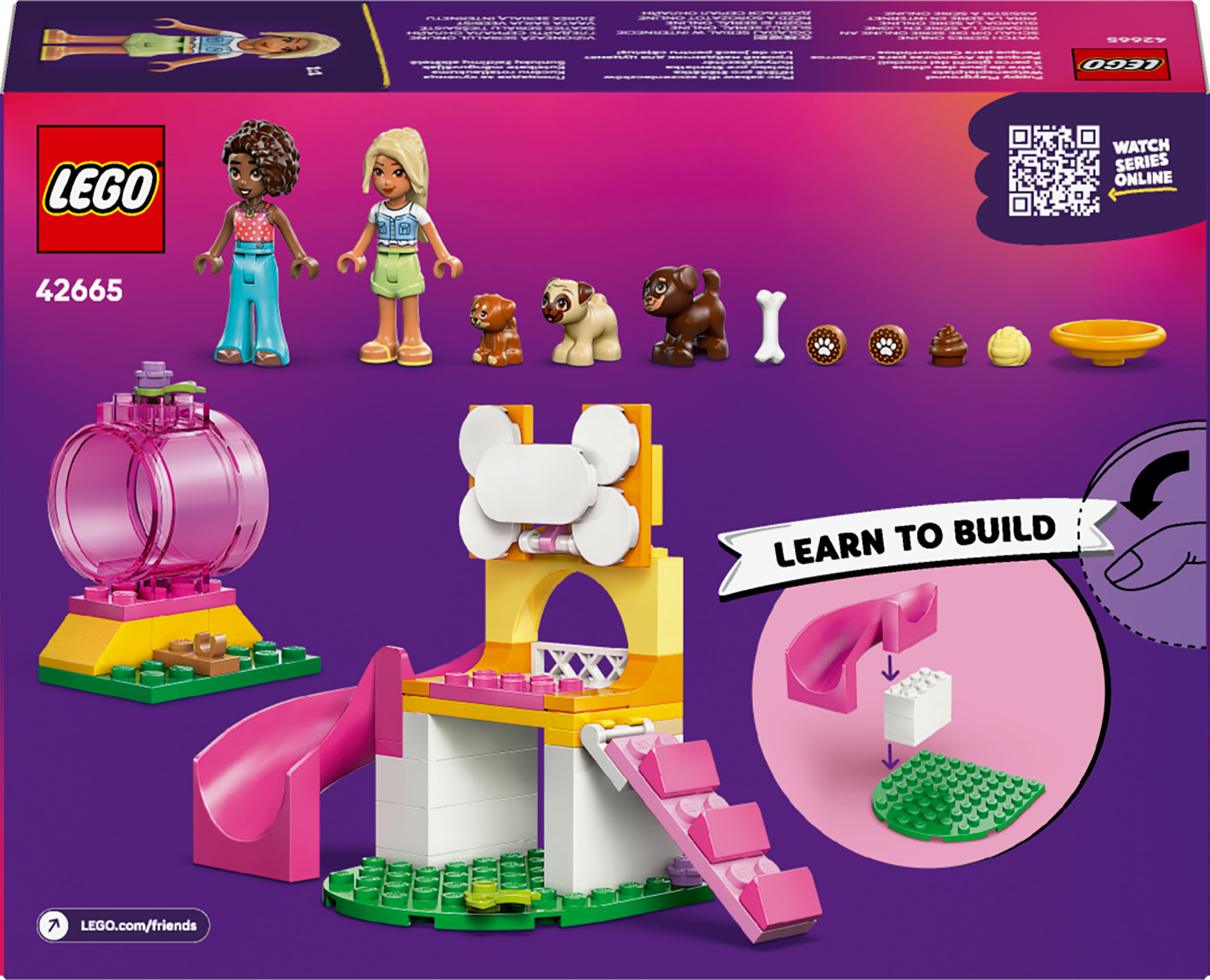 Scatola Lego Friends con parco giochi per cani, scivoli, cuccia, cani e personaggi.