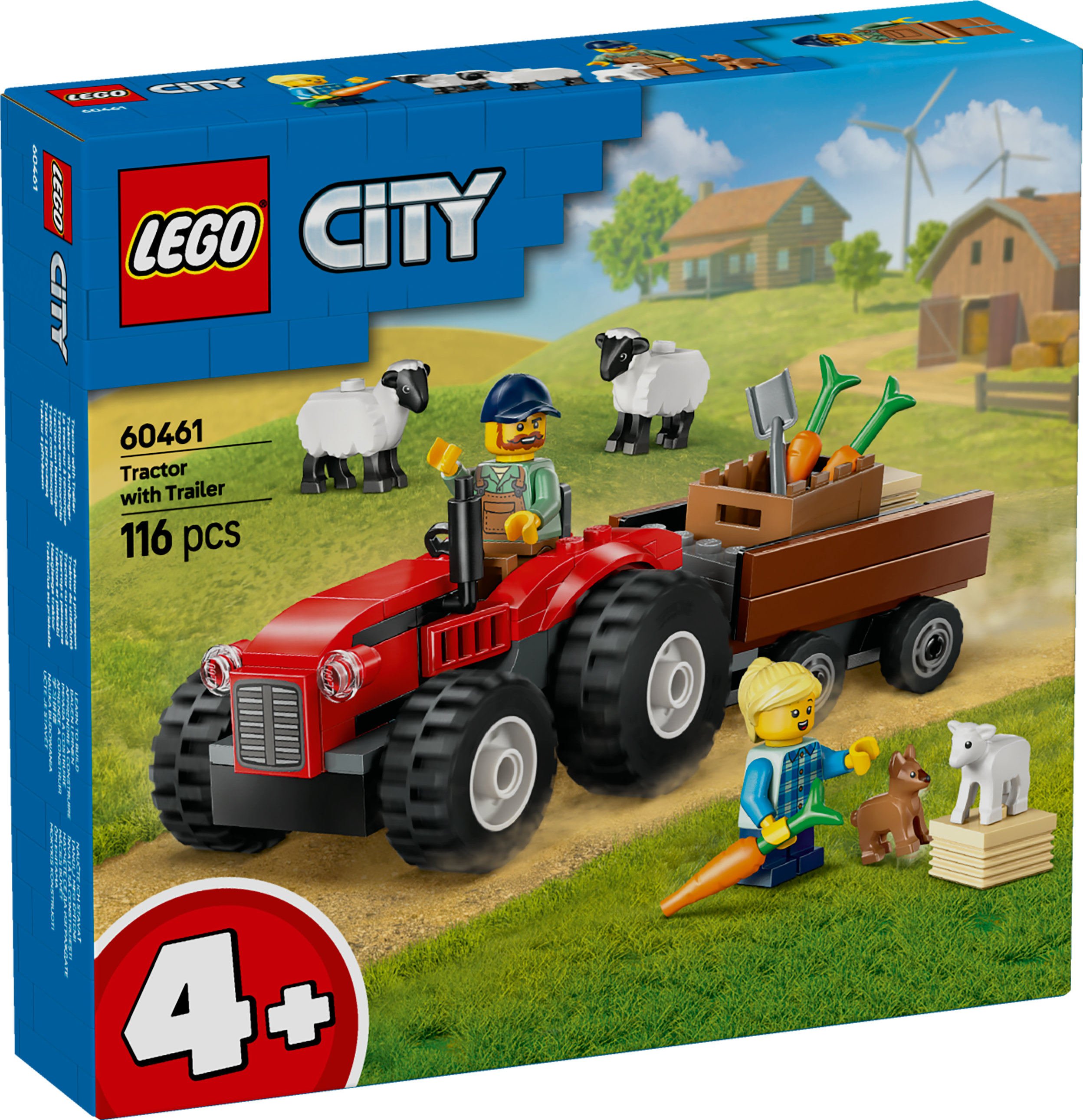Lego City Box zeigt einen roten Traktor mit Anhänger, Bauer, Schafe und andere Elemente.