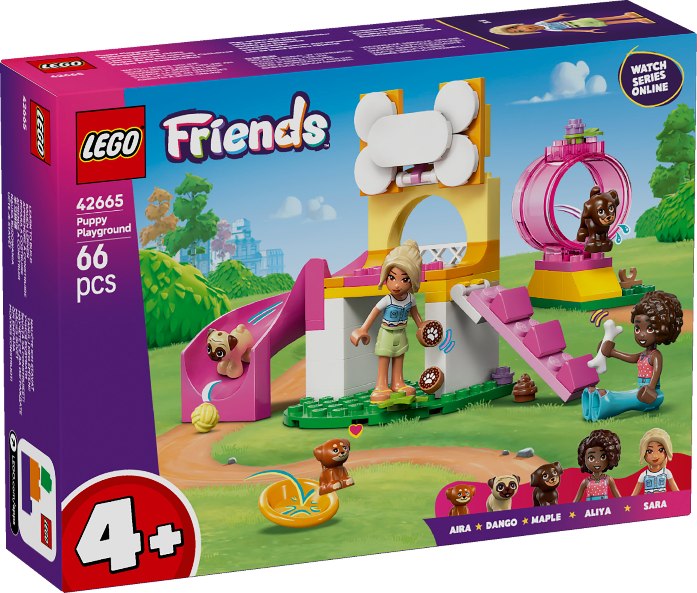 Scatola Lego Friends con parco giochi per cani, scivoli, cuccia, cani e personaggi.