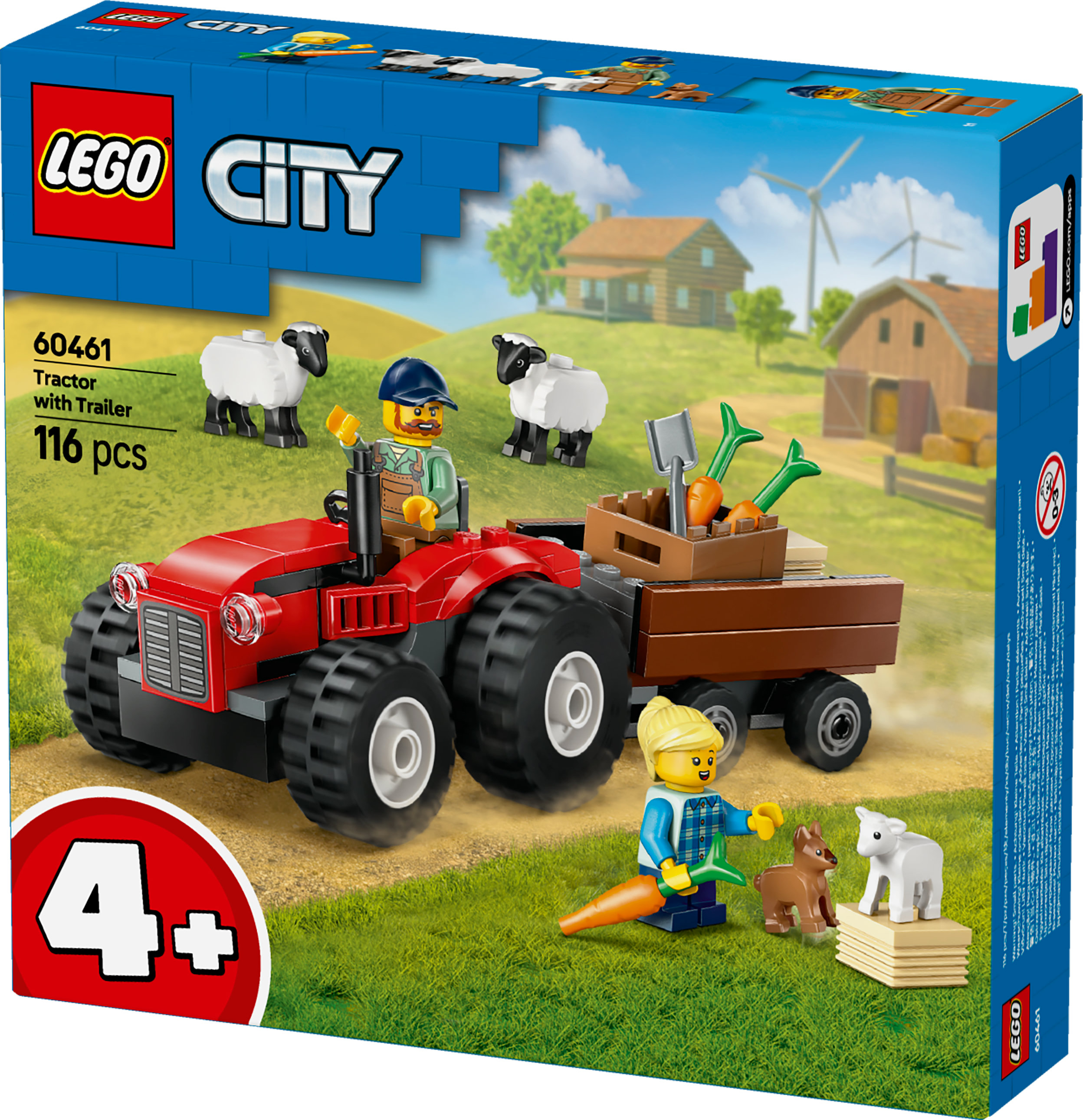 Lego City Box zeigt einen roten Traktor mit Anhänger, Bauer, Schafe und andere Elemente.