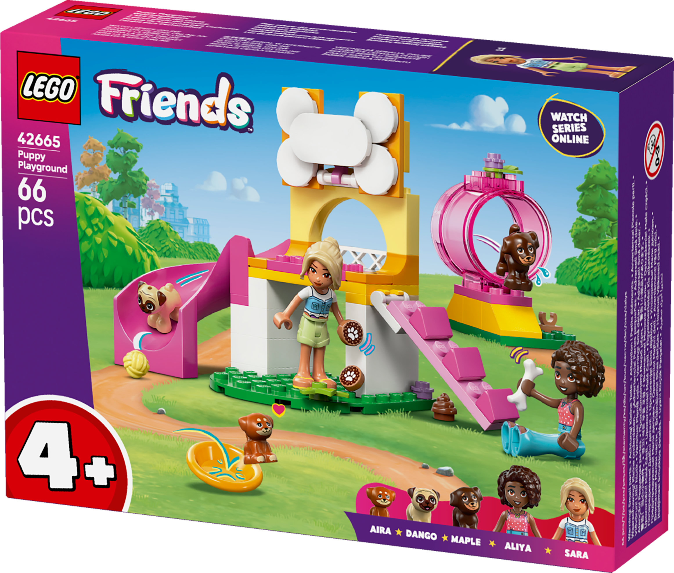 Set scatola Lego Friends con parco giochi per cuccioli, con personaggi, scivoli e ostacoli.