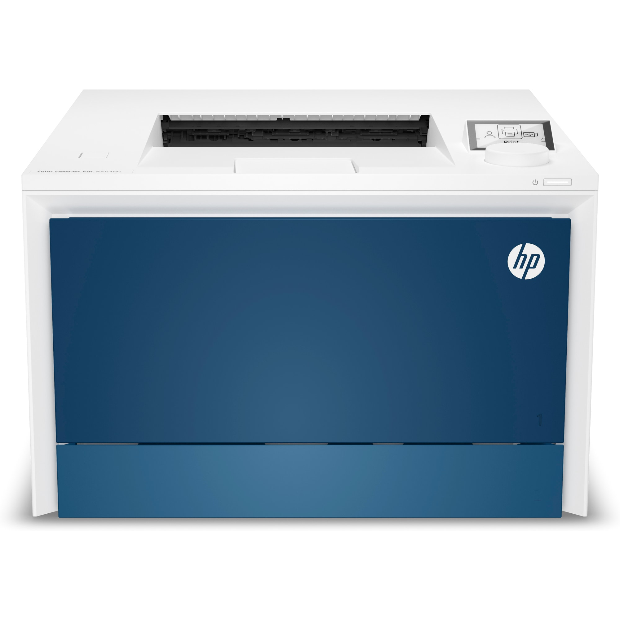 Dokunmatik ekran arayüzü ve HP logosu olan beyaz ve mavi bir HP yazıcı.
