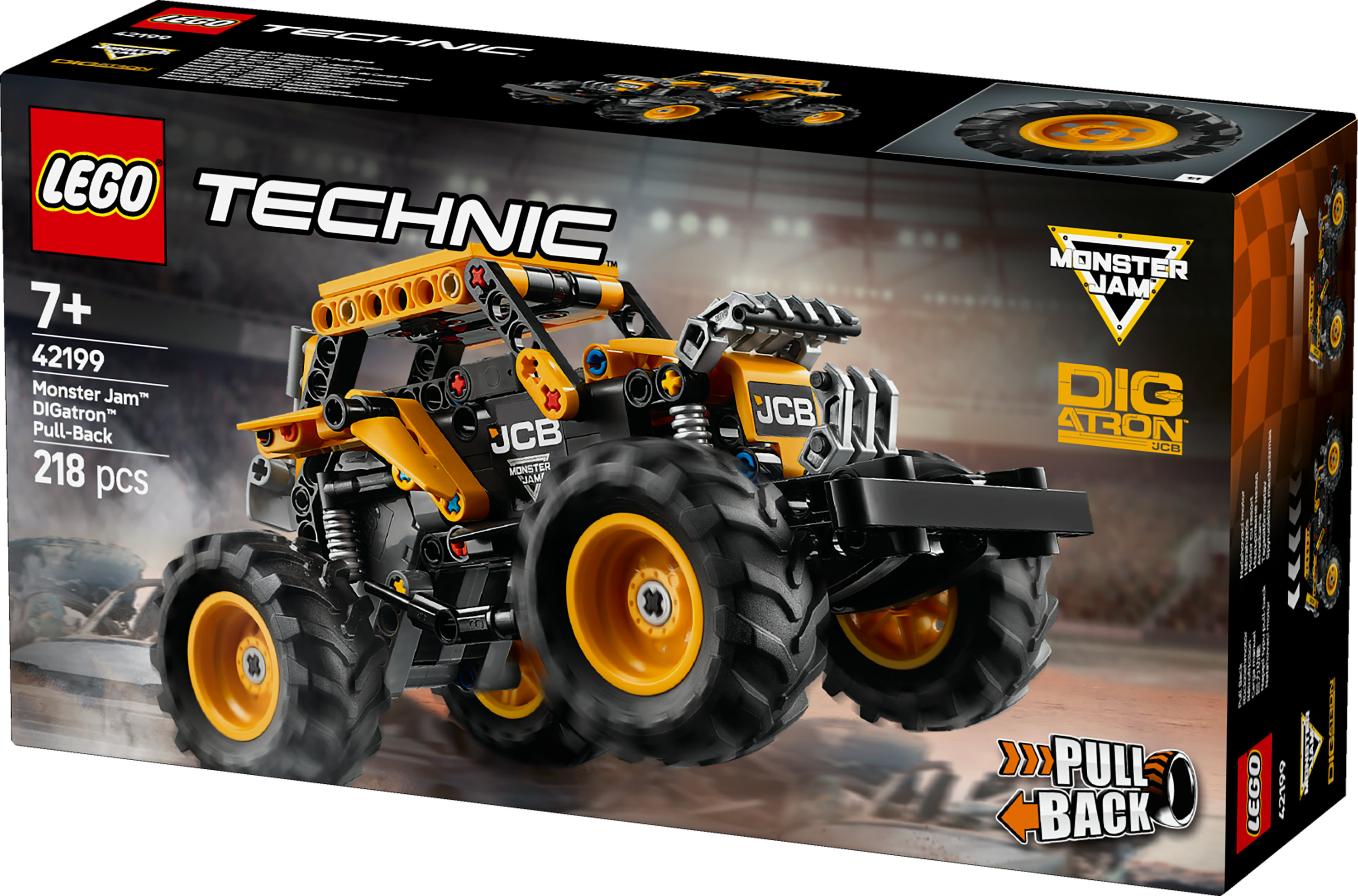 Caja del camión Lego Technic Monster Jam. Colores negro, amarillo y naranja. Llantas grandes.