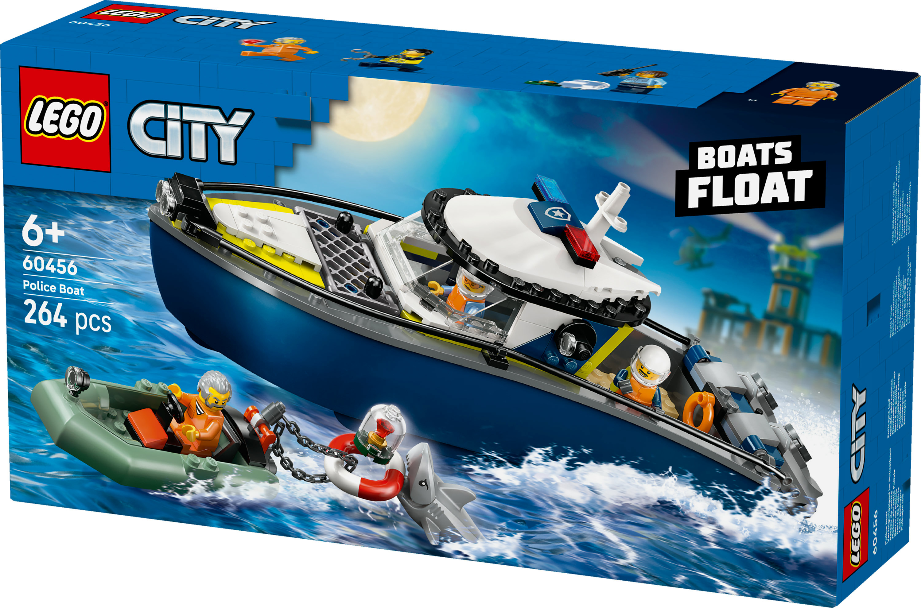 Pudełko Lego City Police Boat przedstawia łódź policyjną z ludźmi, pontonem i zabawką rekina.