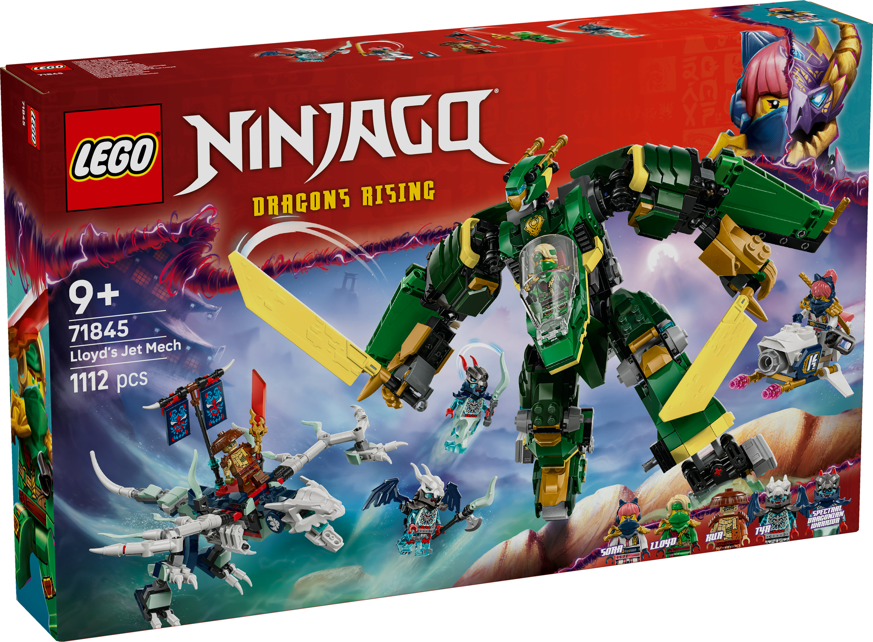 Pudełko zestawu Lego Ninjago. Zawiera zielonego mecha i kilka minifigurek.