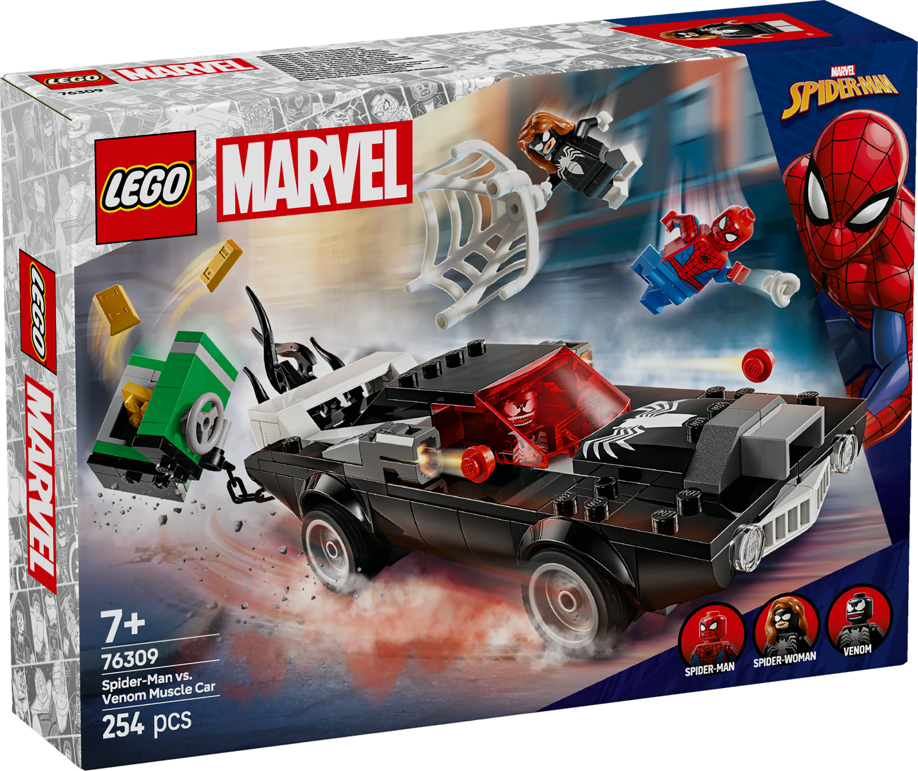 Pudełko zestawu LEGO Marvel, z czarnym samochodem, Spider-Manem i Venomem w akcji.