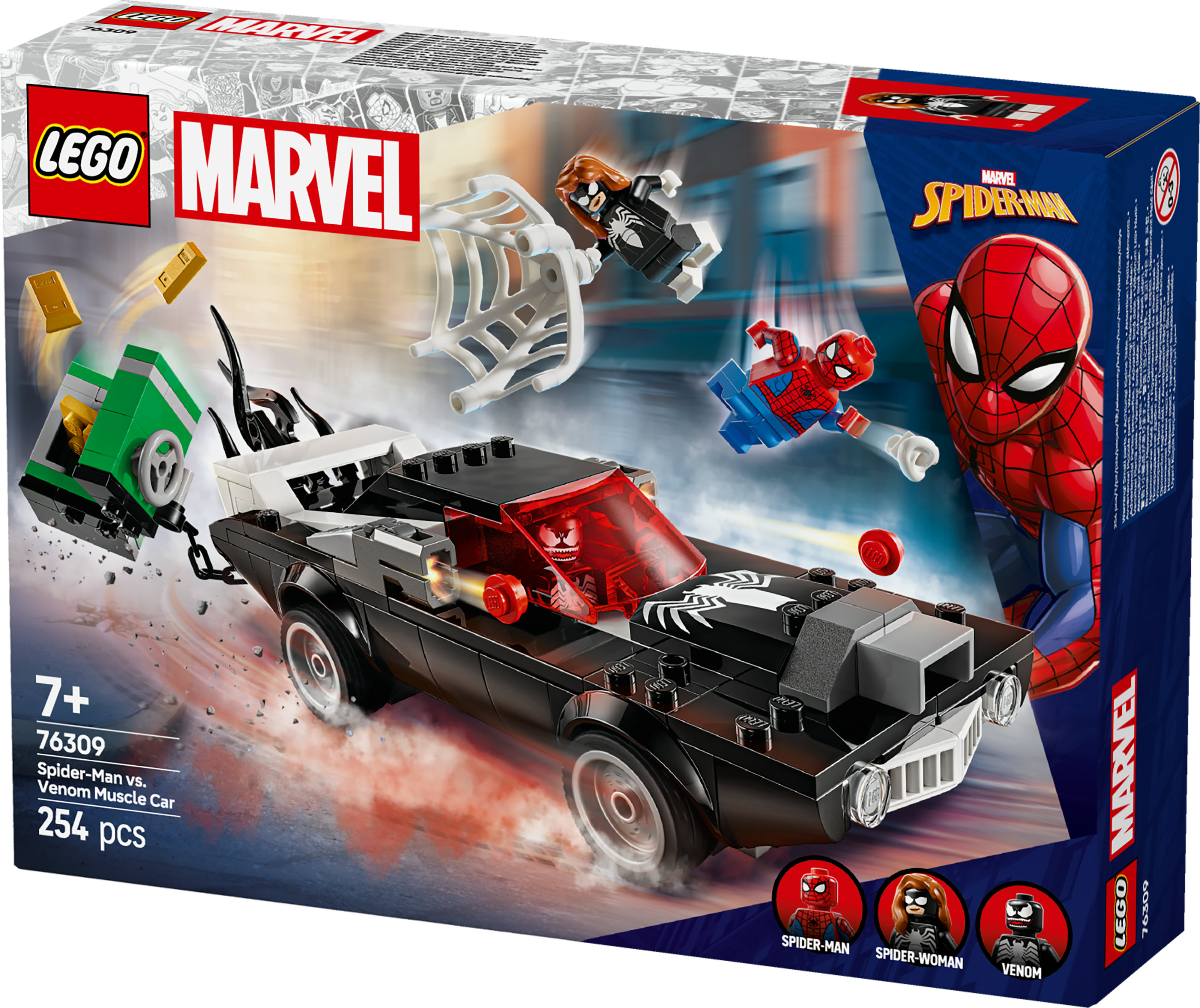 Pudełko zestawu LEGO Marvel, z Spider-Manem, czarnym samochodem i Venomem w akcji.