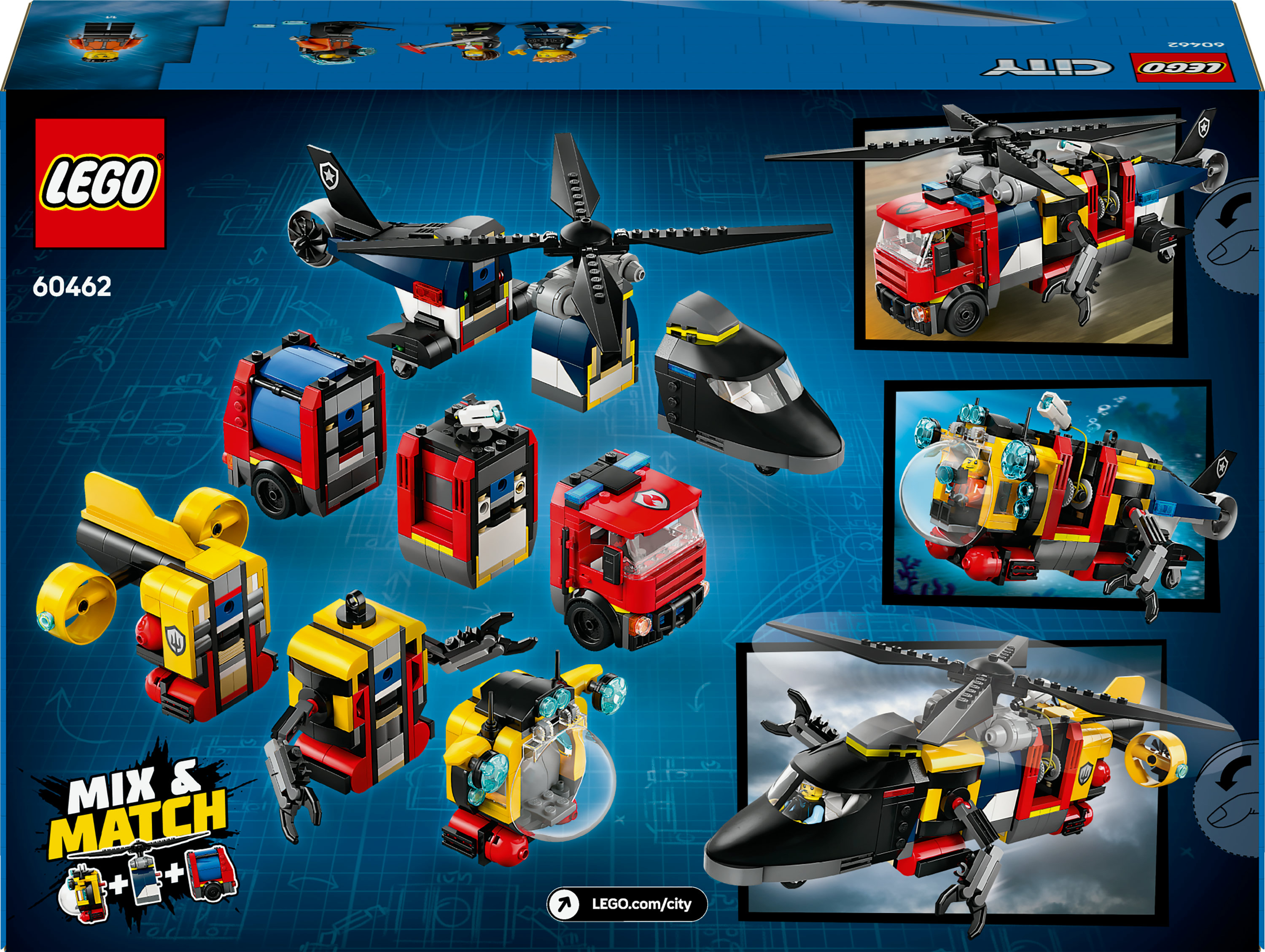 Zestaw Lego City z wieloma budowlami Lego: helikopterem, wozem strażackim i łodzią podwodną.