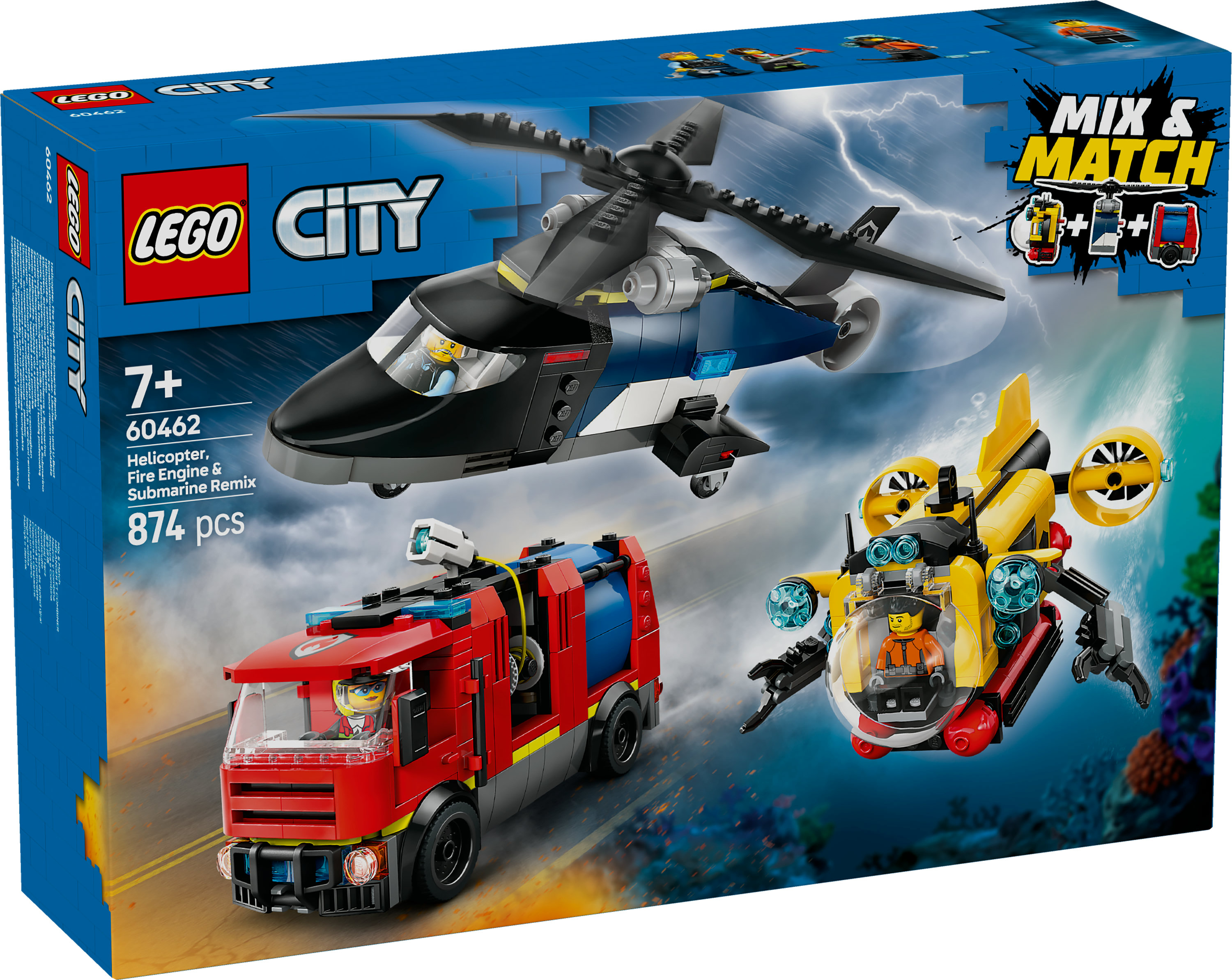 Zestaw Lego City przedstawiający helikopter, wóz strażacki i żółtą łódź podwodną.