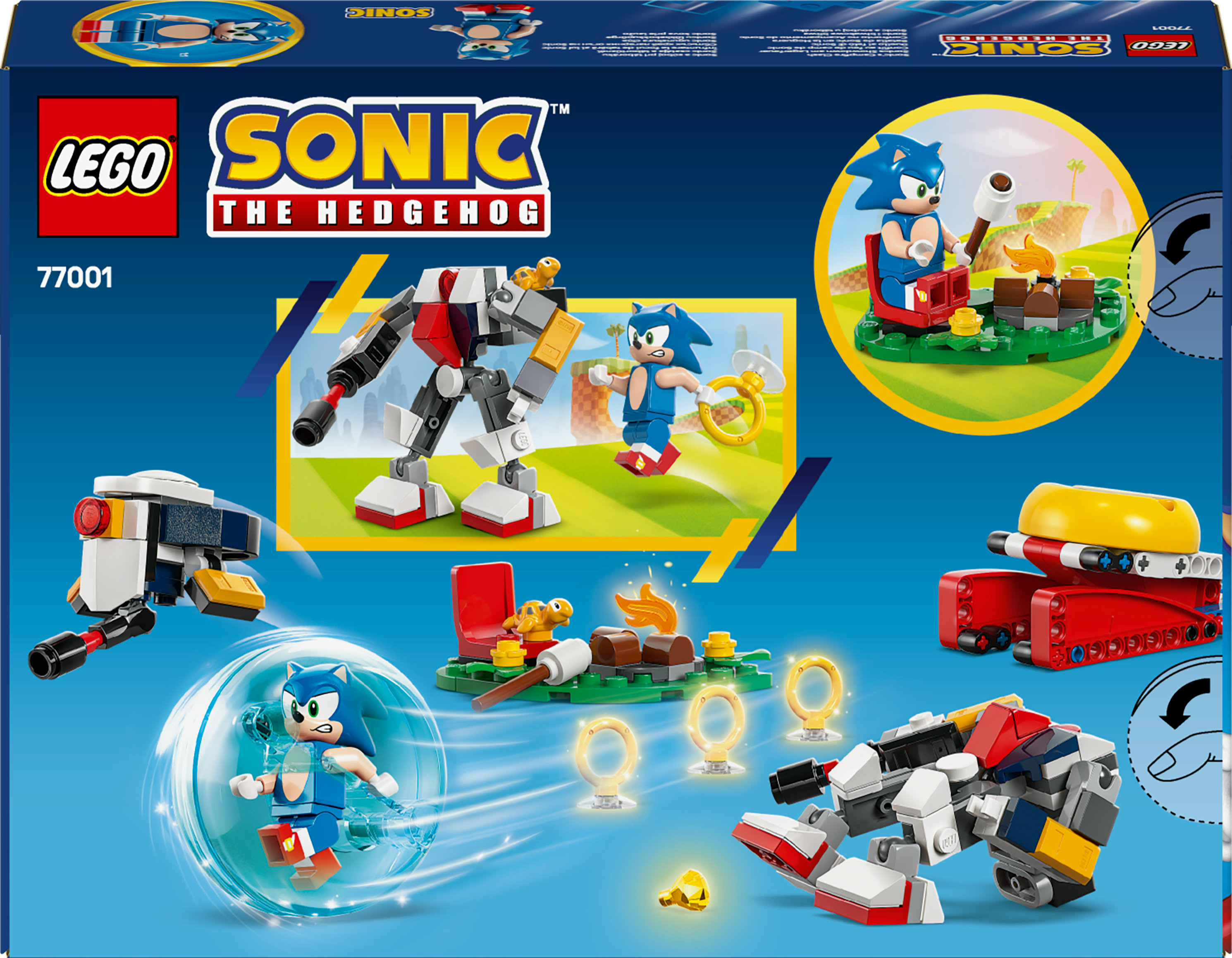 Pudełko Lego Sonic The Hedgehog z różnymi budowlami Lego z tyłu.