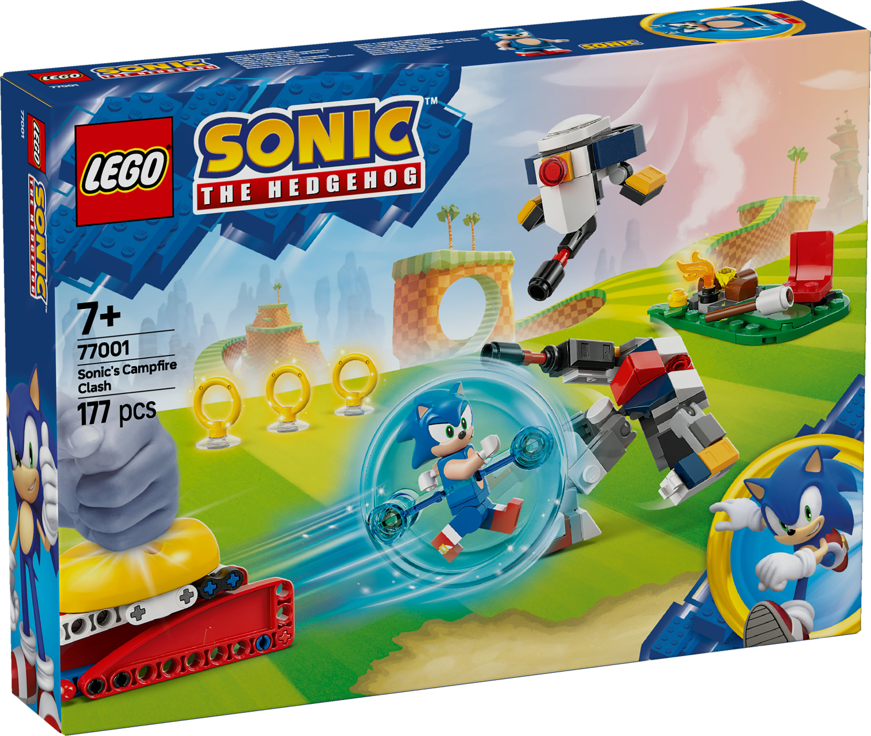 Grafika pudełka Lego Sonic's Campfire Clash, przedstawiająca Sonica i robota w akcji.
