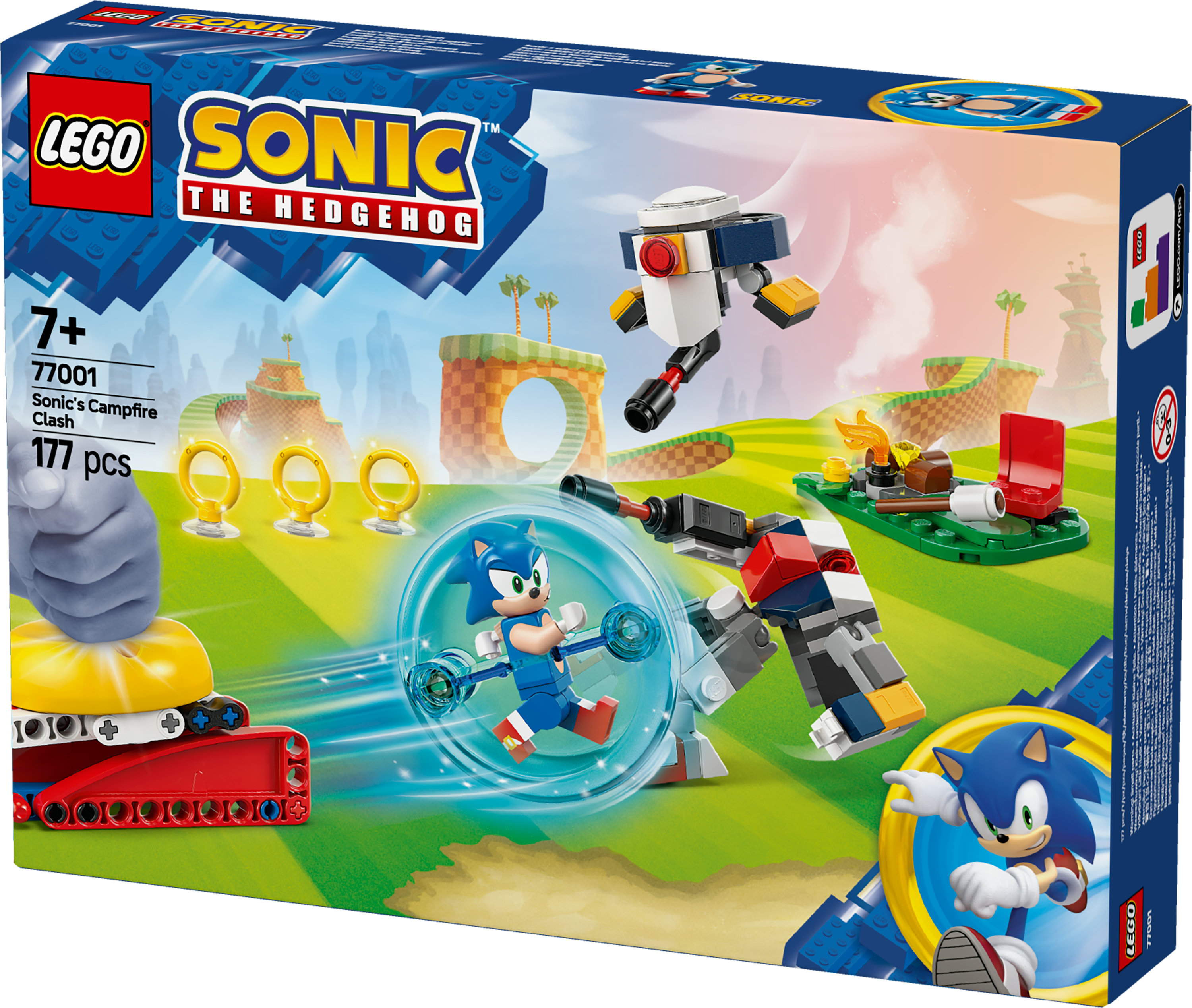Grafika pudełka Lego Sonic's Campfire Clash, przedstawiająca Sonica i robota w akcji.