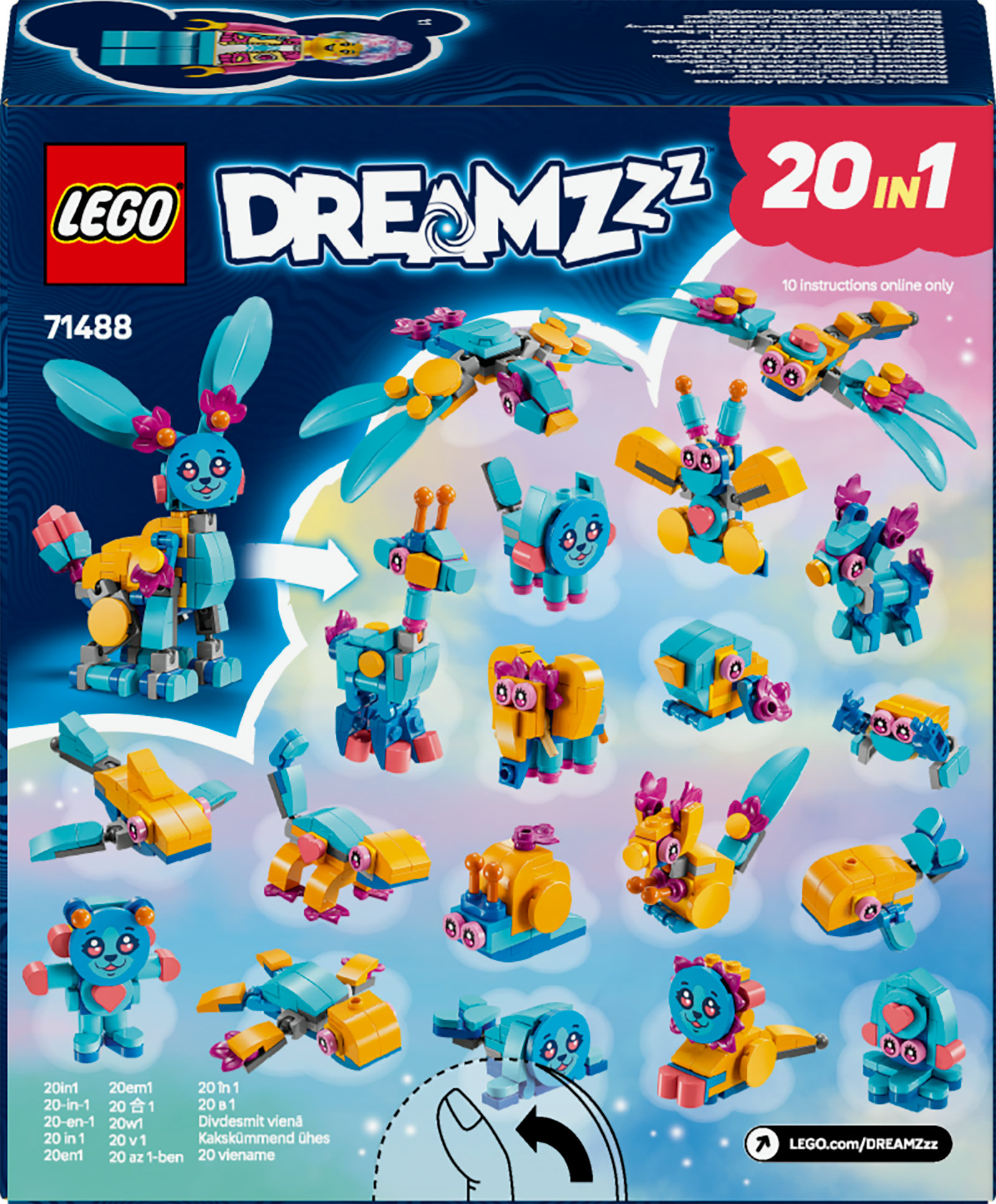 Scatola Lego Dreamzzz, con multiple figure Lego sulla copertina. La scatola è blu e ha del testo.
