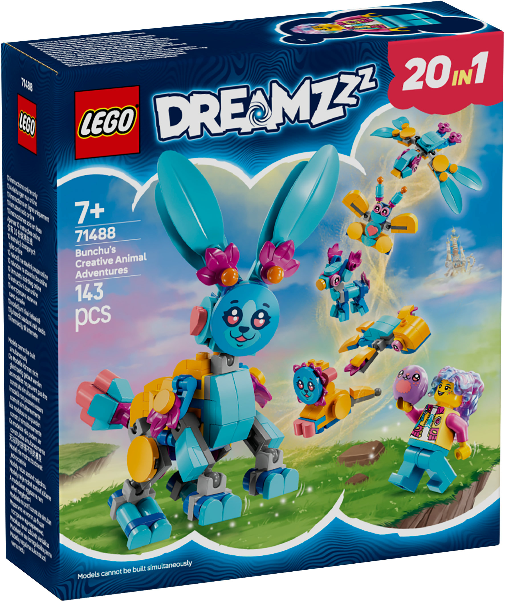 Scatola Lego Dreamzzz con un coniglio Lego, altre figure Lego e una ragazza sulla copertina. La scatola è blu.