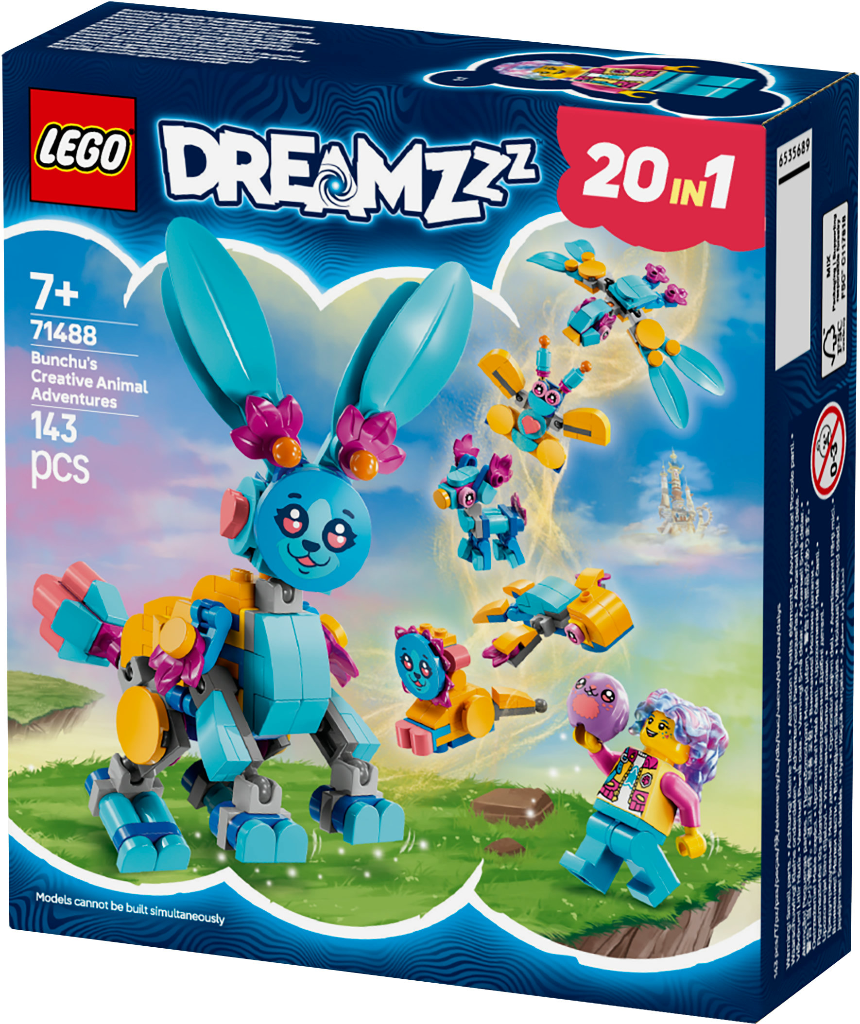 Scatola Lego Dreamzzz con un coniglio Lego, altre figure Lego e una ragazza sulla copertina. La scatola è blu.