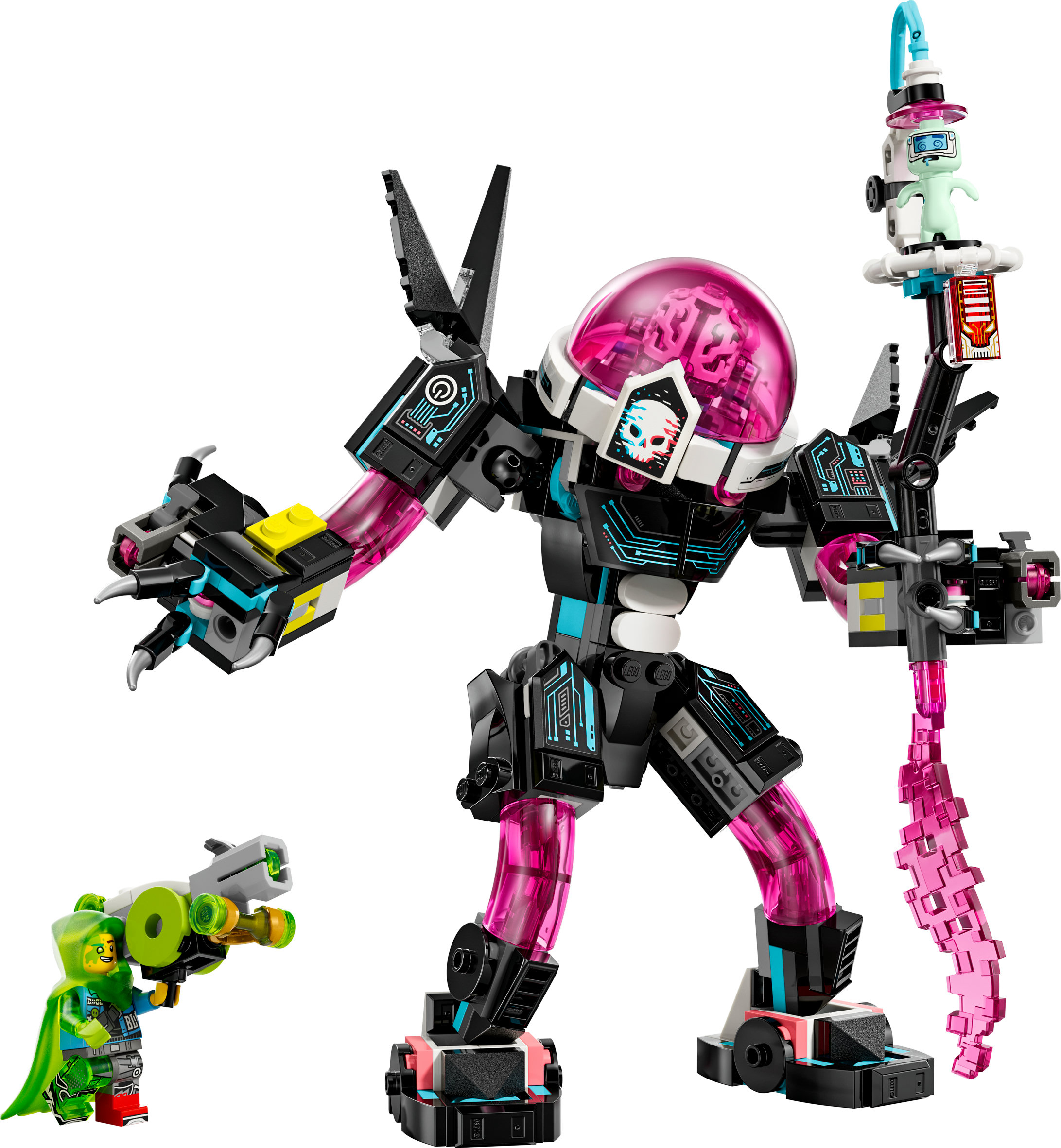 Figura de Lego de un robot con detalles rosas y una figura Lego más pequeña con una pistola.