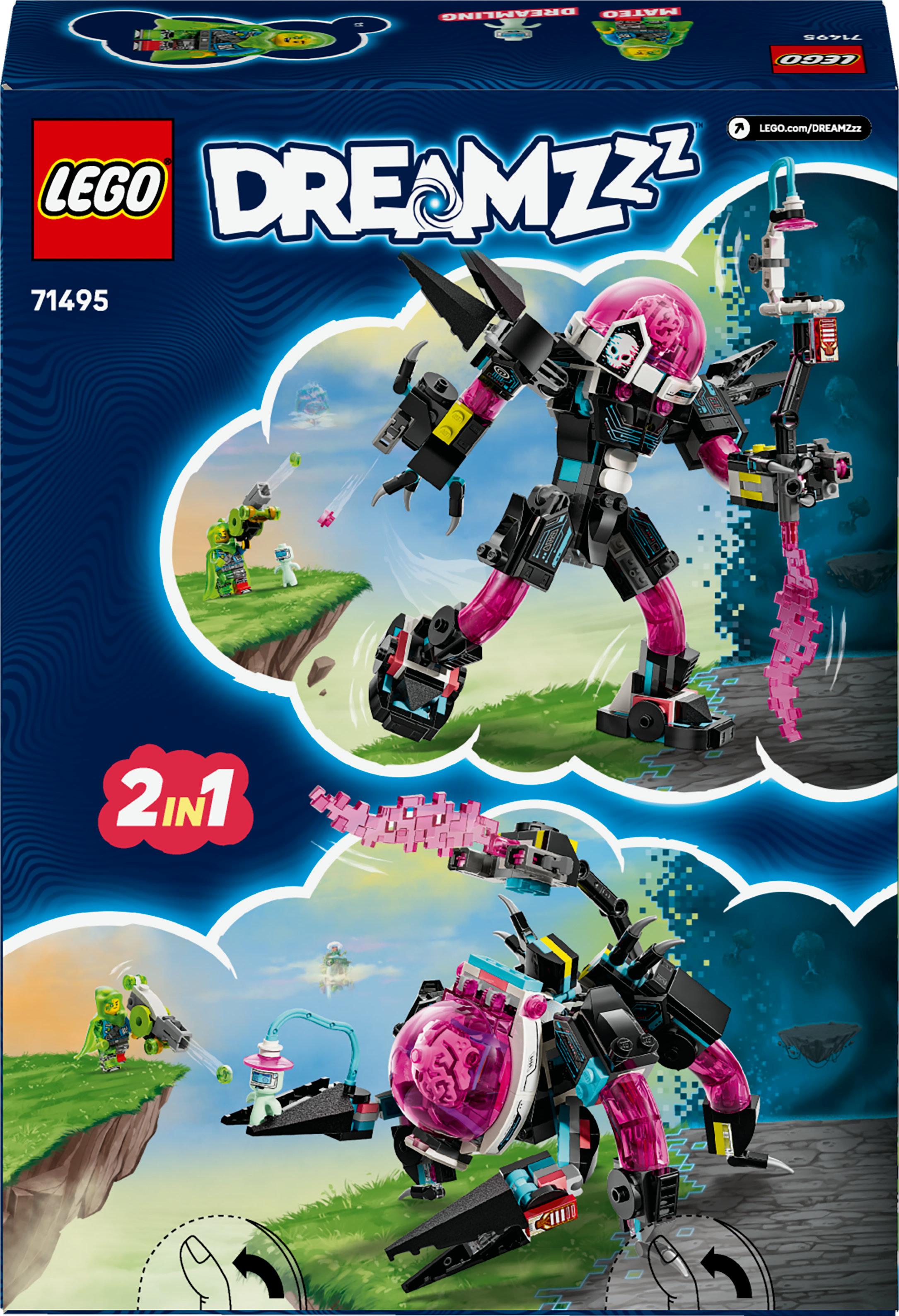 Caja de Lego Dreamzzz, con un robot y una pequeña figura de Lego en la parte delantera.