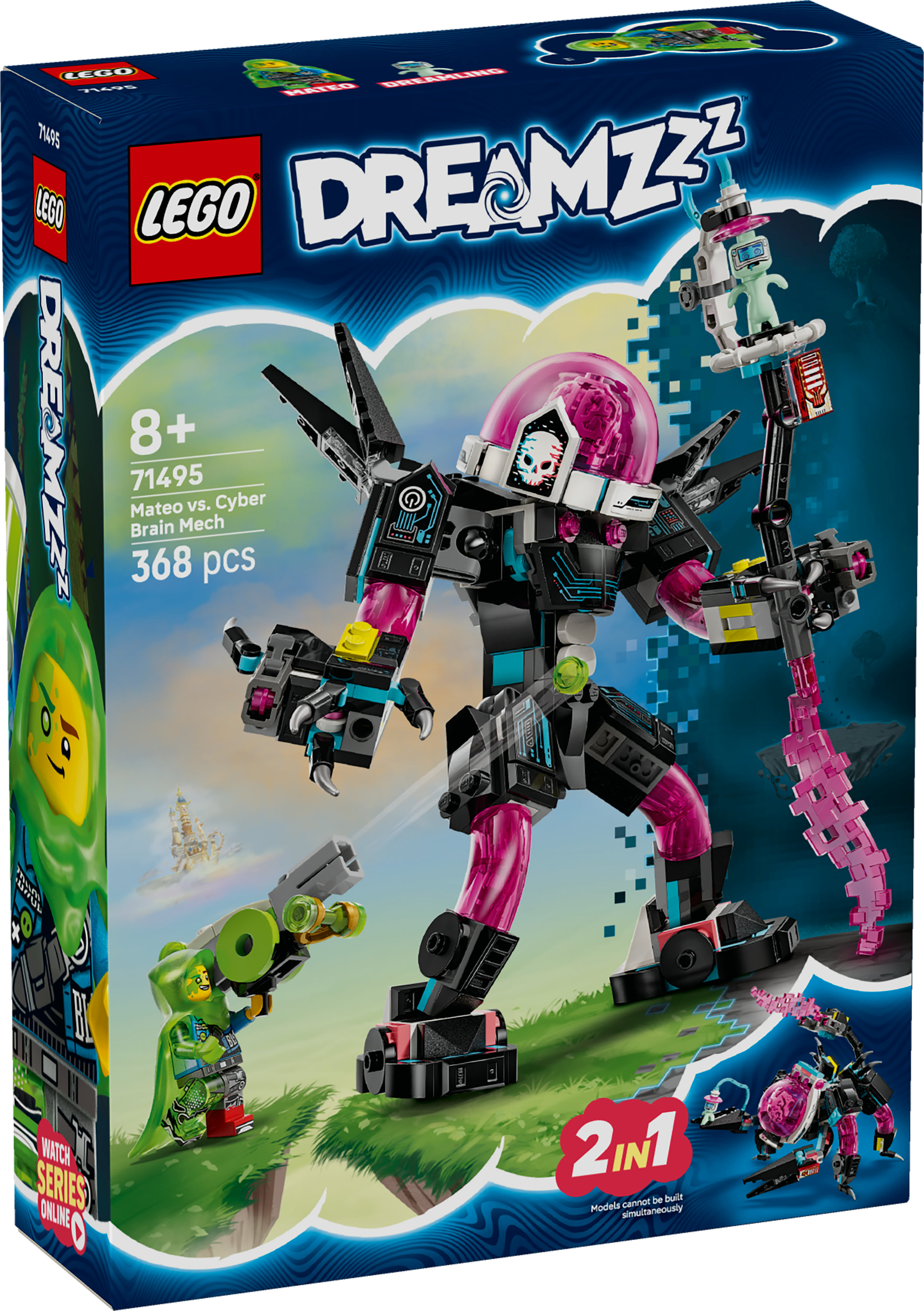 Caja Lego Dreamzzz, mostrando un robot, una pequeña figura Lego y una escena Lego.