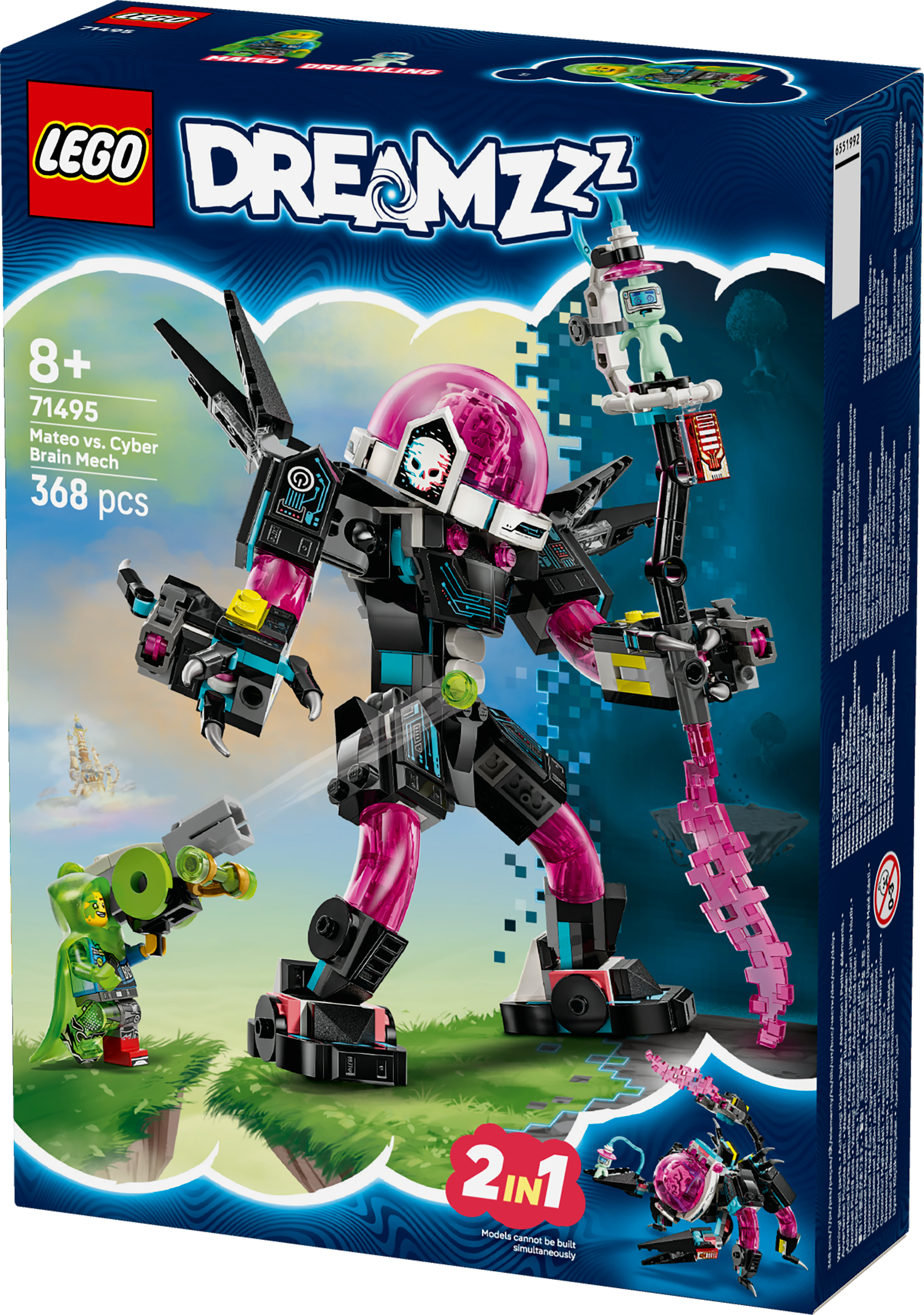 Caja de Lego Dreamzzz. Se muestra un robot con cerebro rosa, una figura verde y un robot más pequeño.