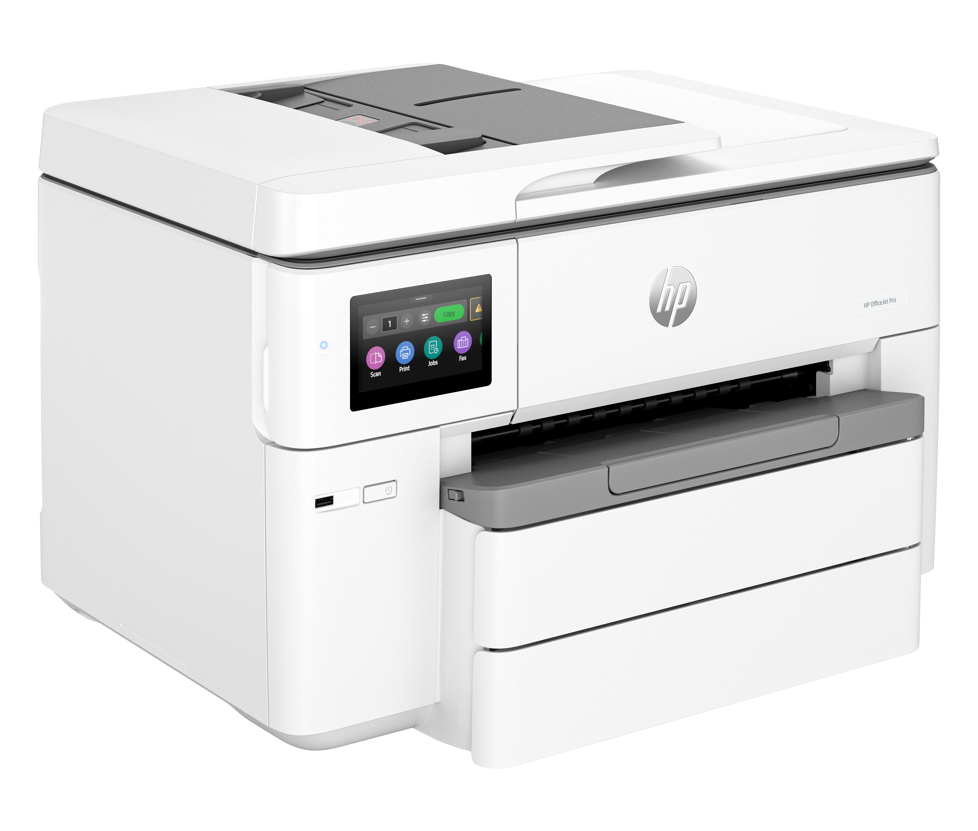 Una stampante bianca con touchscreen a colori, che mostra il pannello di controllo. Il logo HP è visibile.
