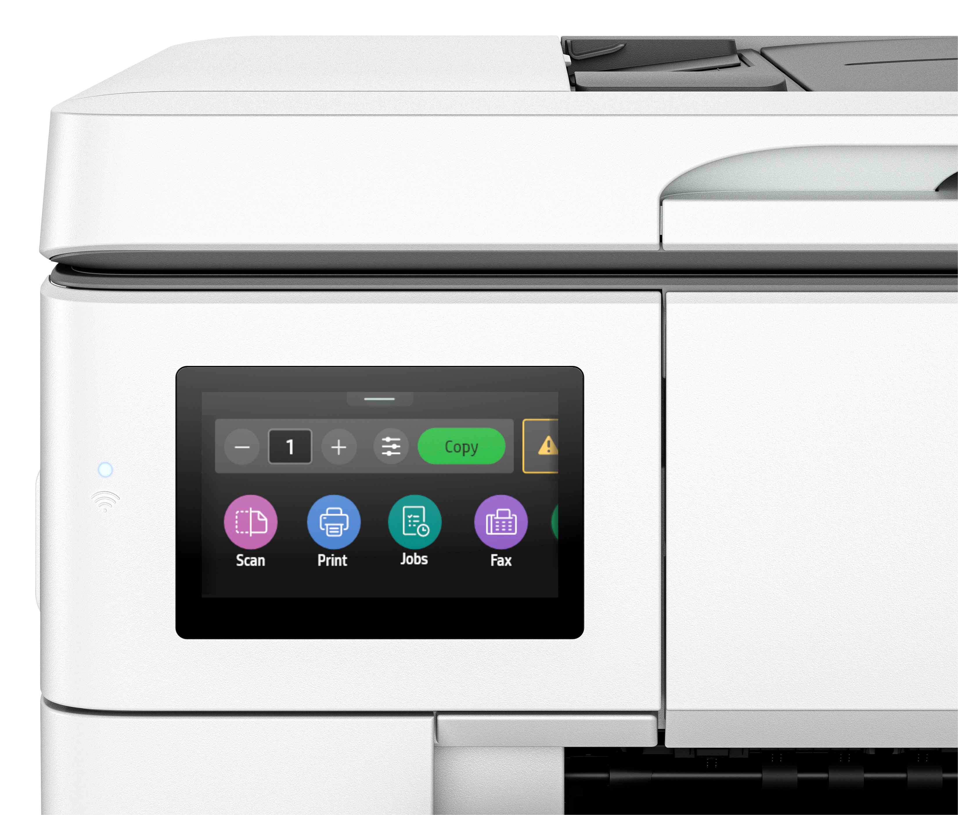 Primo piano del touchscreen a colori di una stampante che mostra le funzioni di copia, scansione, stampa e fax.