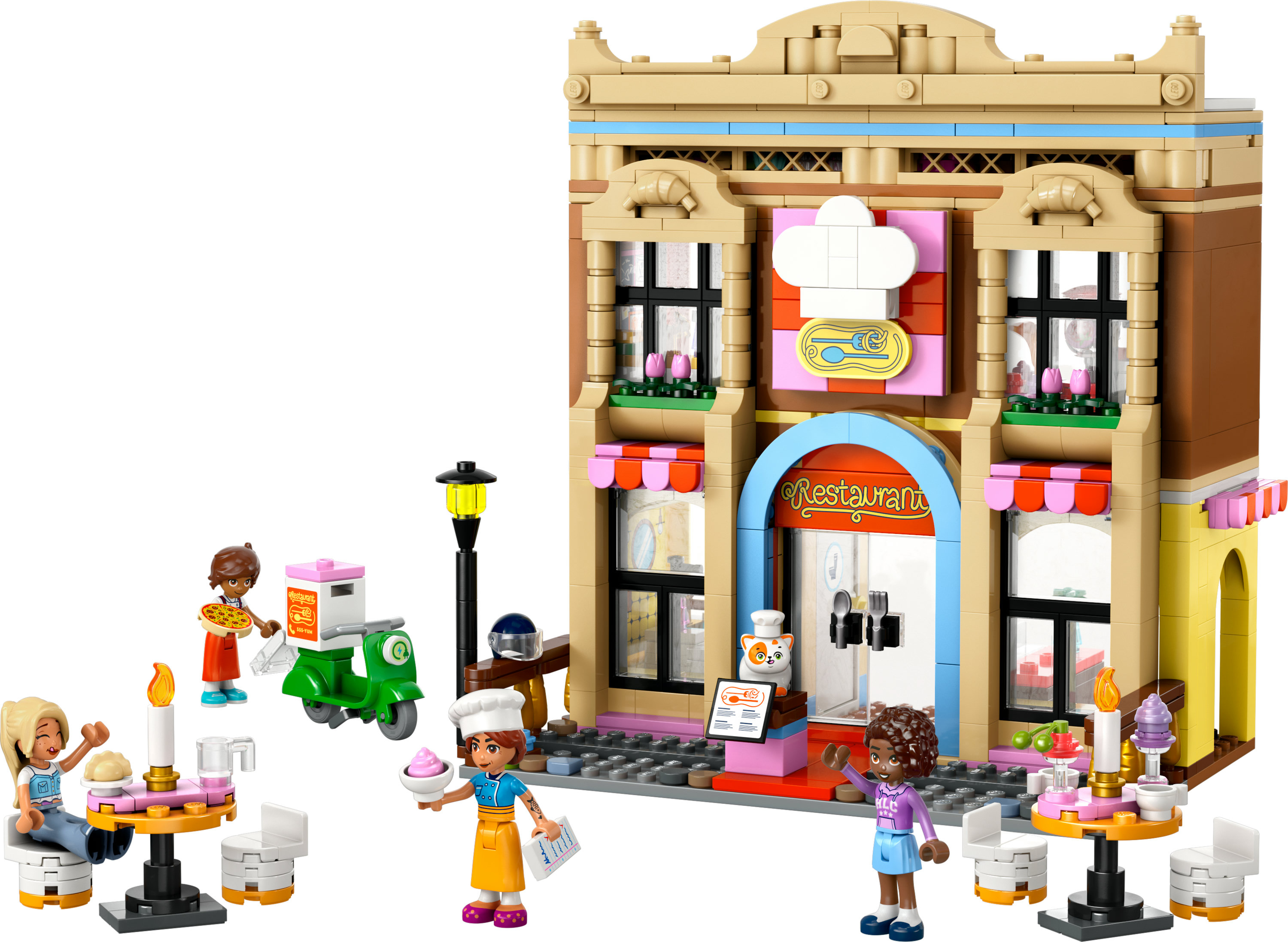 Zestaw restauracji Lego Friends. Zawiera budynek z figurkami i akcesoriami. Pokazano skuter i latarnię uliczną.