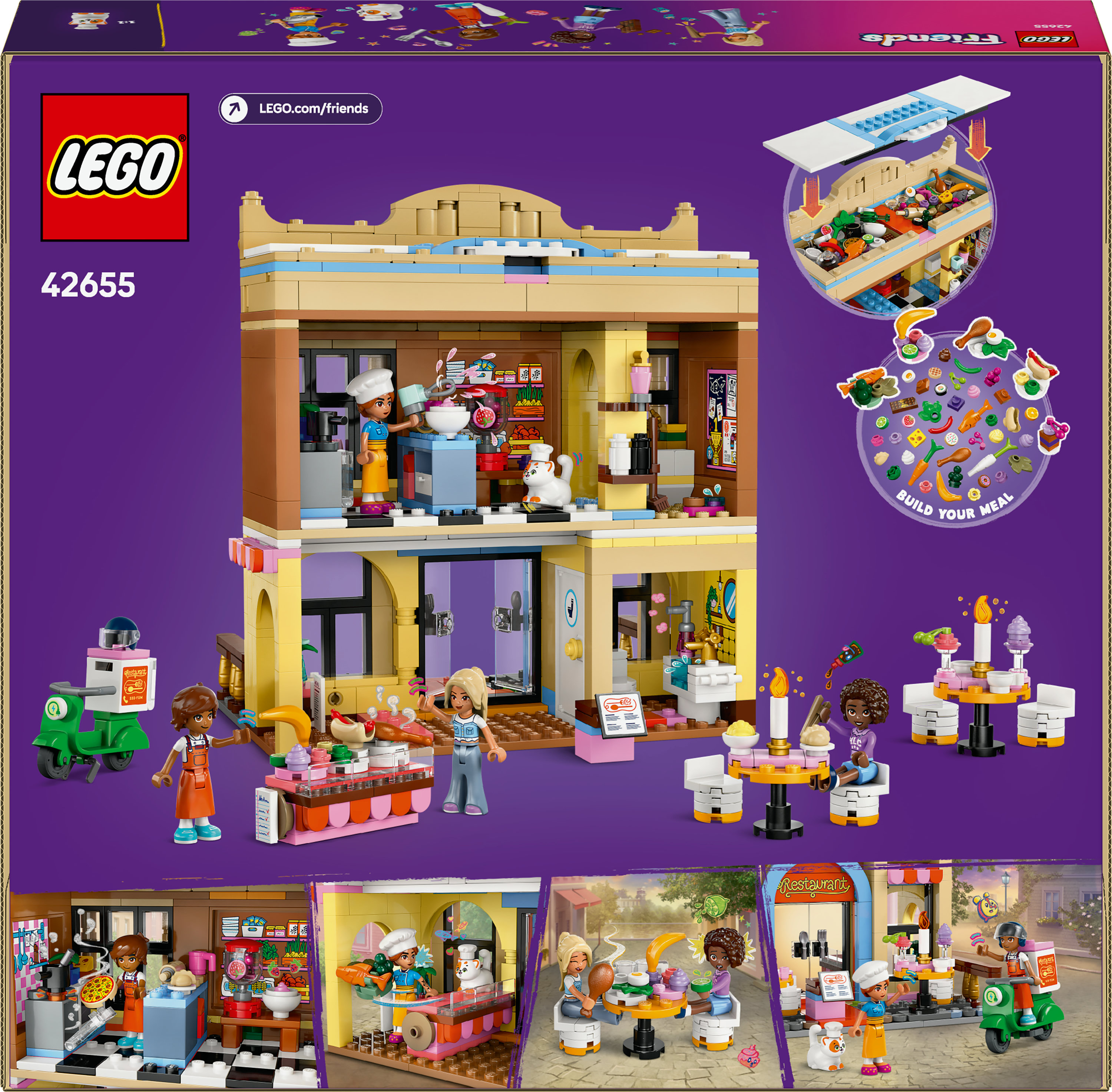 Pudełko z zestawem Lego Friends. Pokazuje restaurację z figurkami. Jest skuter, stoły, figurki i kuchnia.