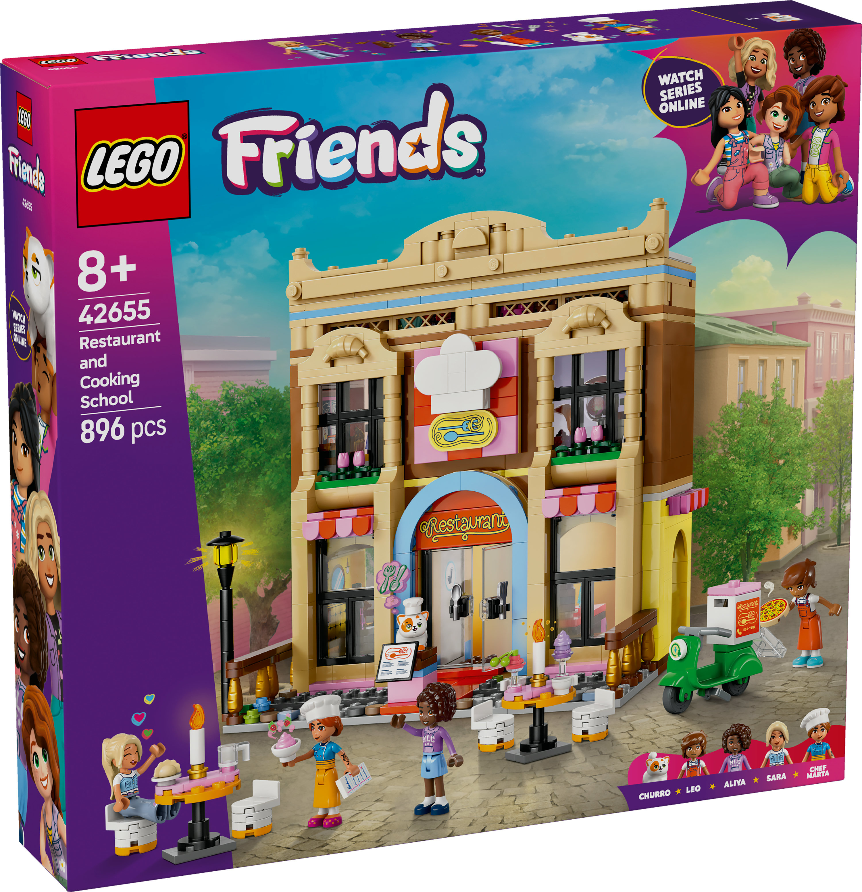 Zestaw Lego Friends z restauracją i szkołą gotowania. Pudełko przedstawia budynek i różne figurki.