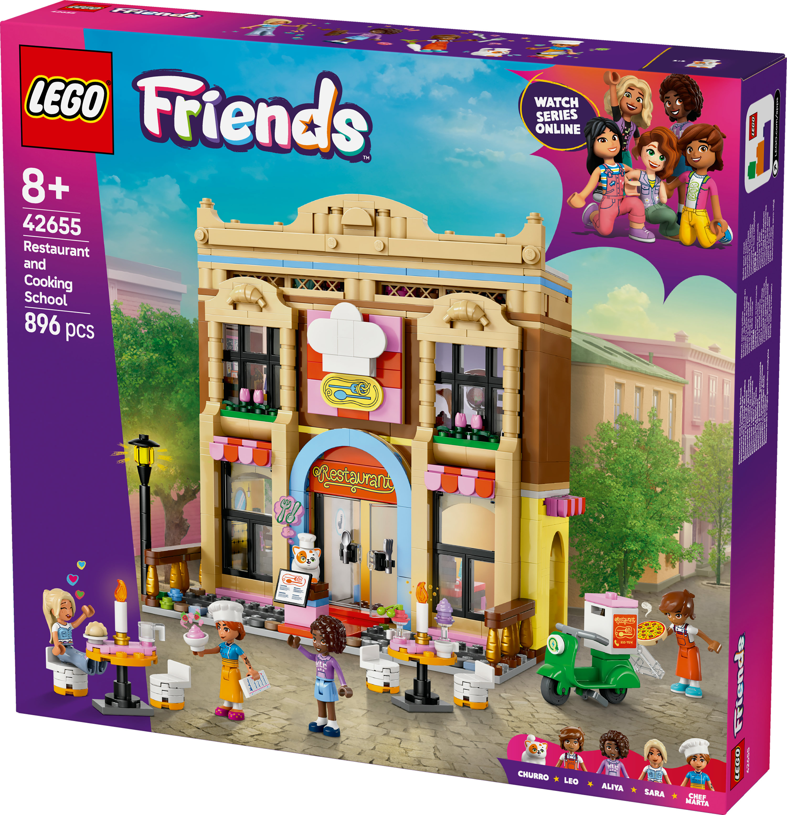 Zestaw Lego Friends. Pudełko przedstawia restaurację i szkołę gotowania z figurkami. Scena obejmuje stoły i figurki.