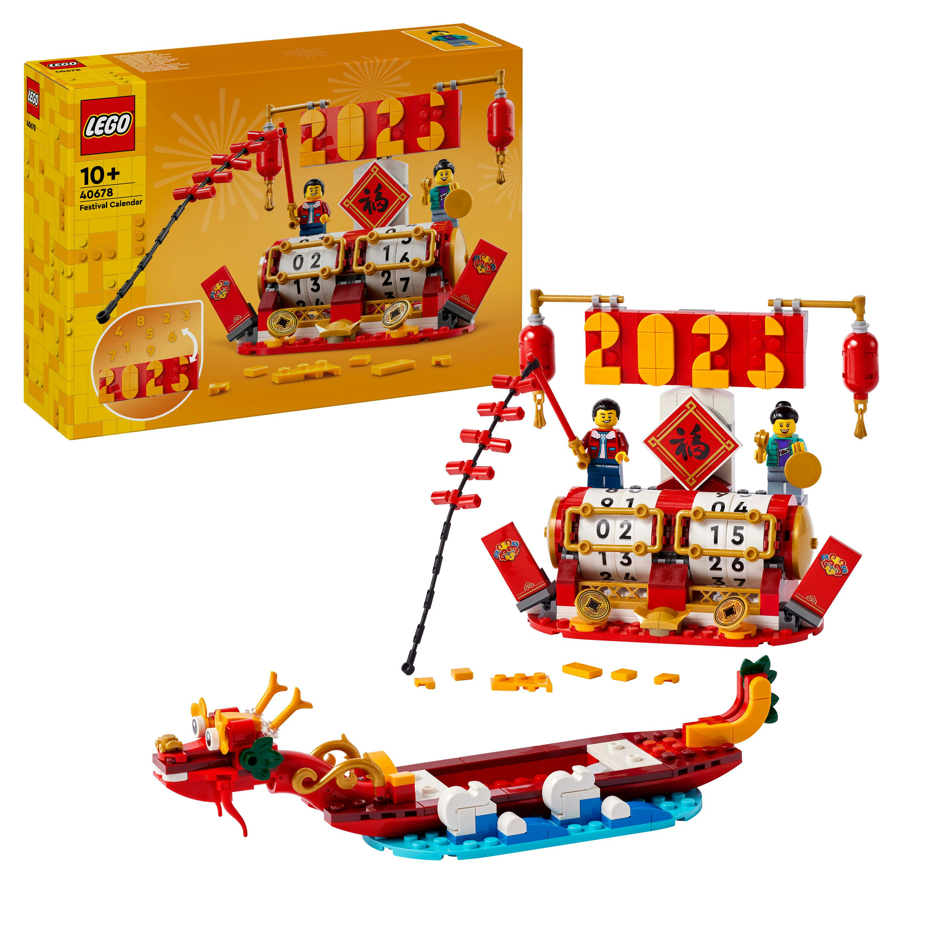 Set Lego con barca, calendario e personaggi. La scatola mostra il set. La barca è rossa e bianca.