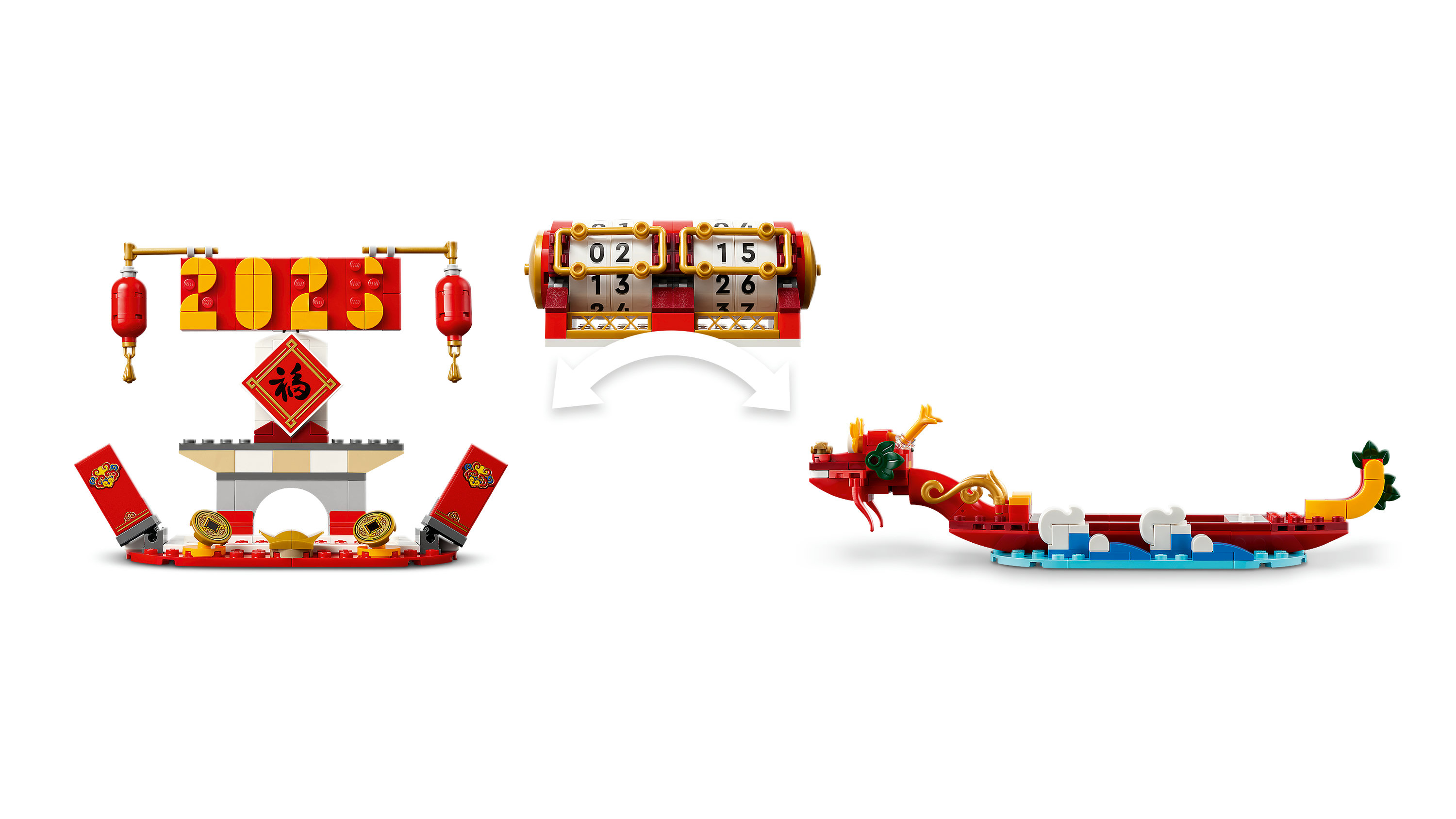 Componenti del set Lego: calendario, personaggi e una barca drago. Principalmente rosso e giallo.
