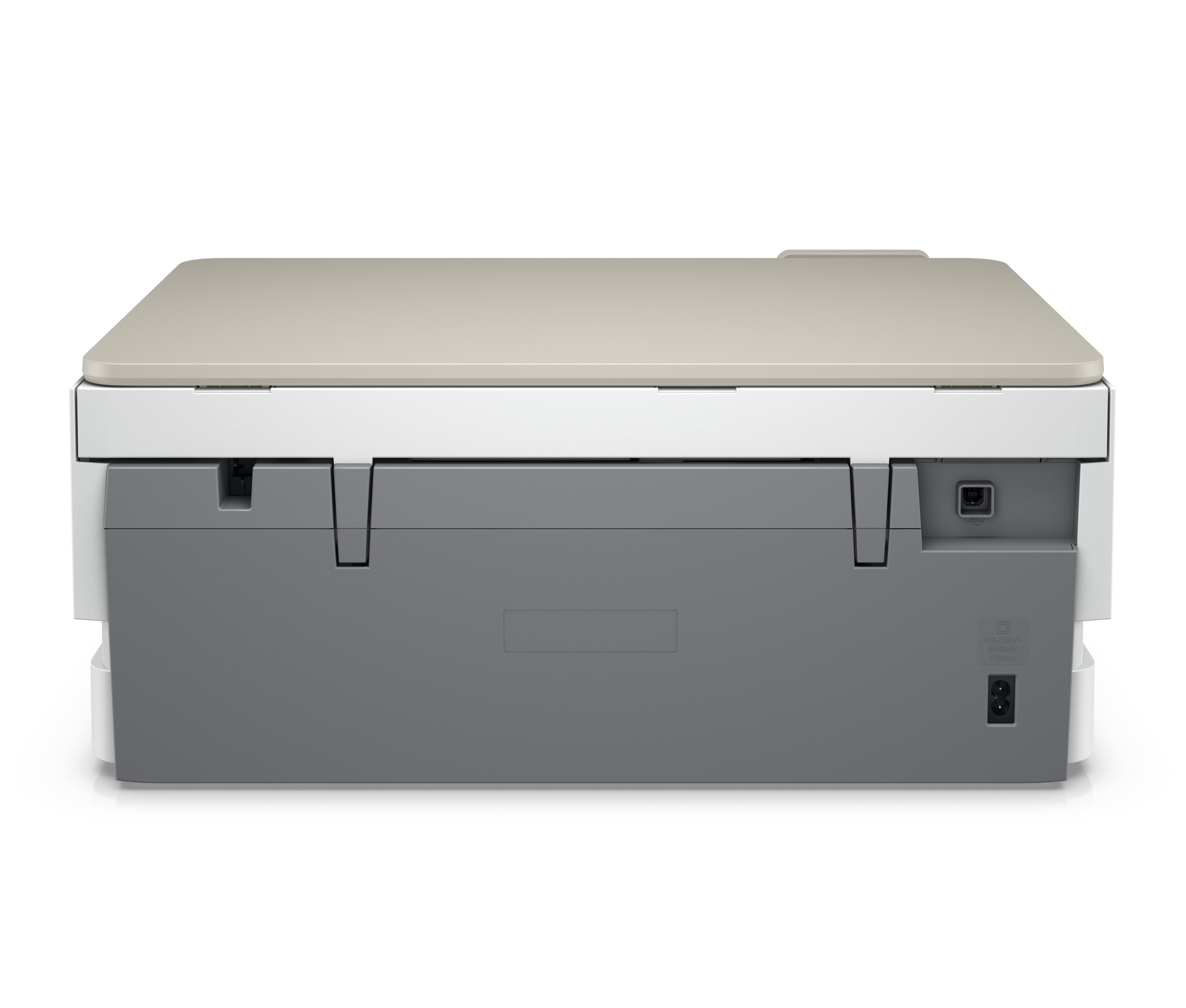 Back of an HP printer. Gray and white with power input and ports. The HP logo is visible.