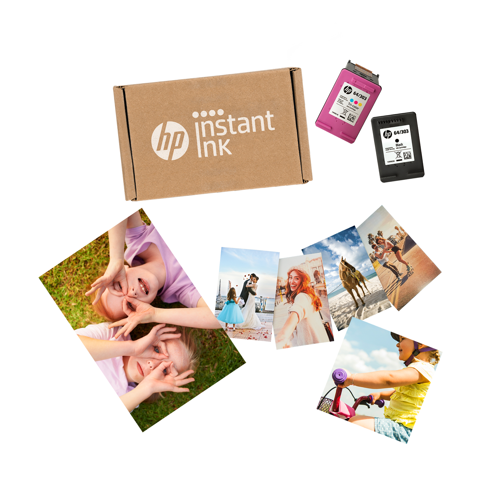 HP Instant Ink box, ink cartridges, and printed photos. Photos show people and various scenes.
