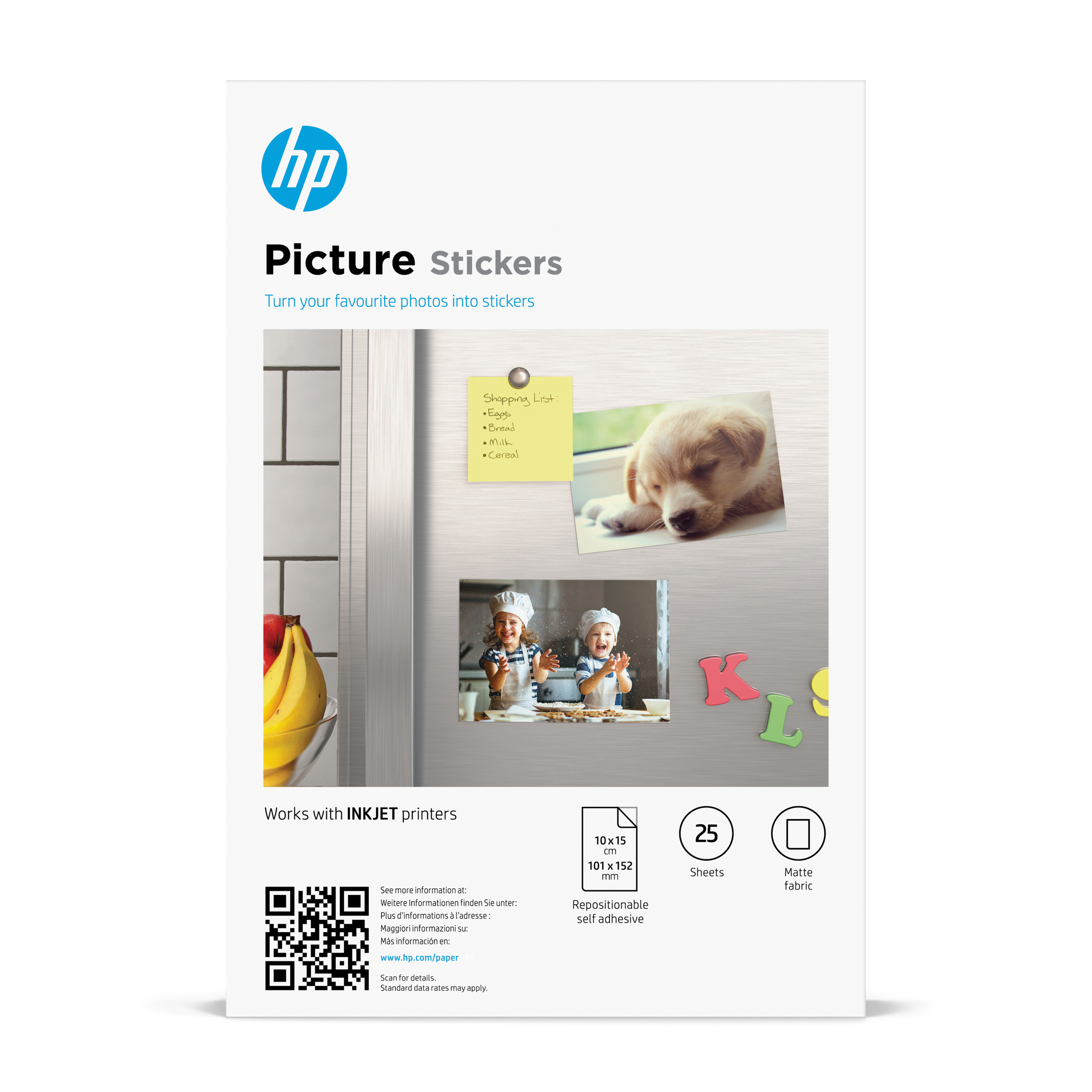 HP Picture Stickers pack with a photo of a puppy and a shopping list on a fridge.