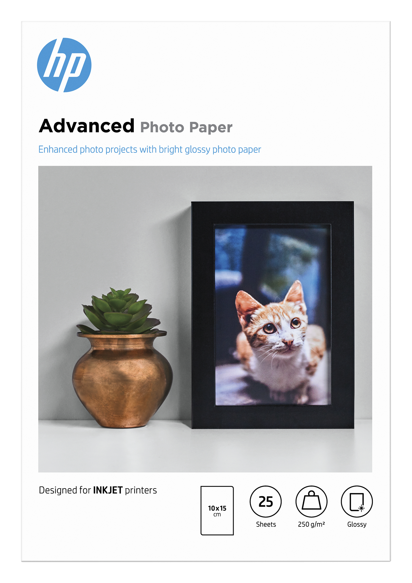 HP Advanced Photo Paper pack with a photo of a cat in a frame next to a plant.