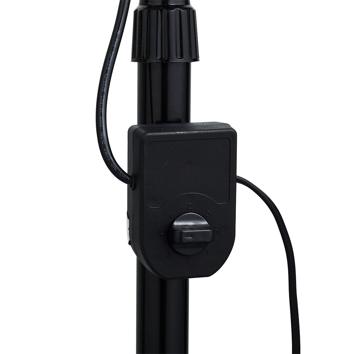 Close-up of a black pole with a black control box. The box has a dial with numbers.