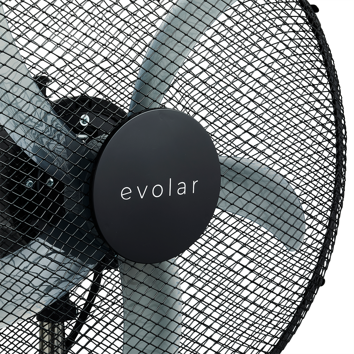 Close up of black Evolar fan blades and mesh guard. The Evolar logo is in the center.