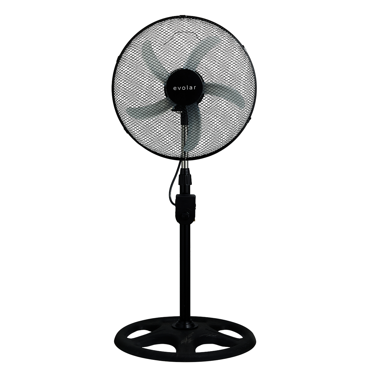 Black Evolar standing fan. Front view, with blades and mesh guard, on a black stand.