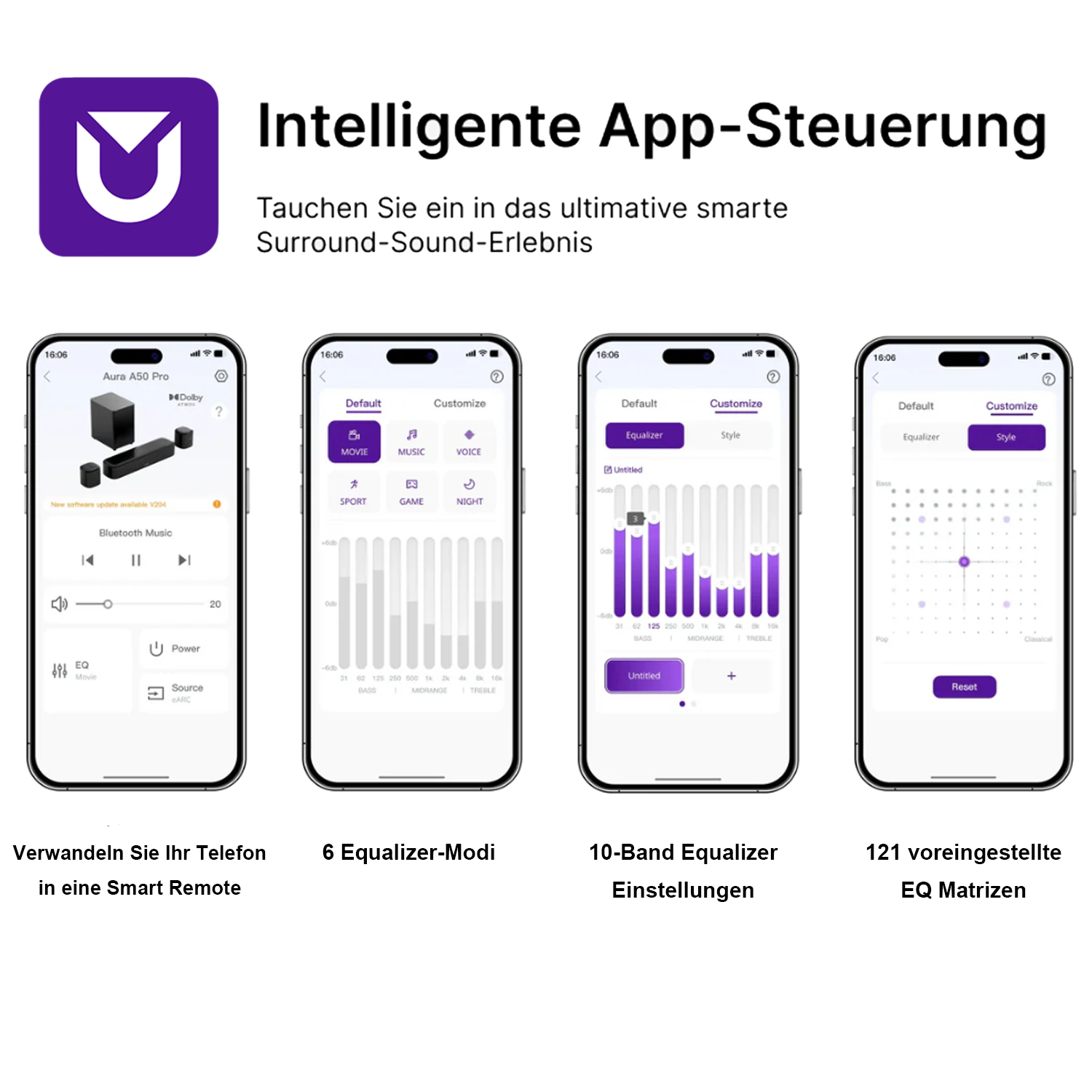 App-Oberfläche zeigt Audioeinstellungen. Es gibt mehrere Optionen für den Equalizer und die Musikeinstellungen.