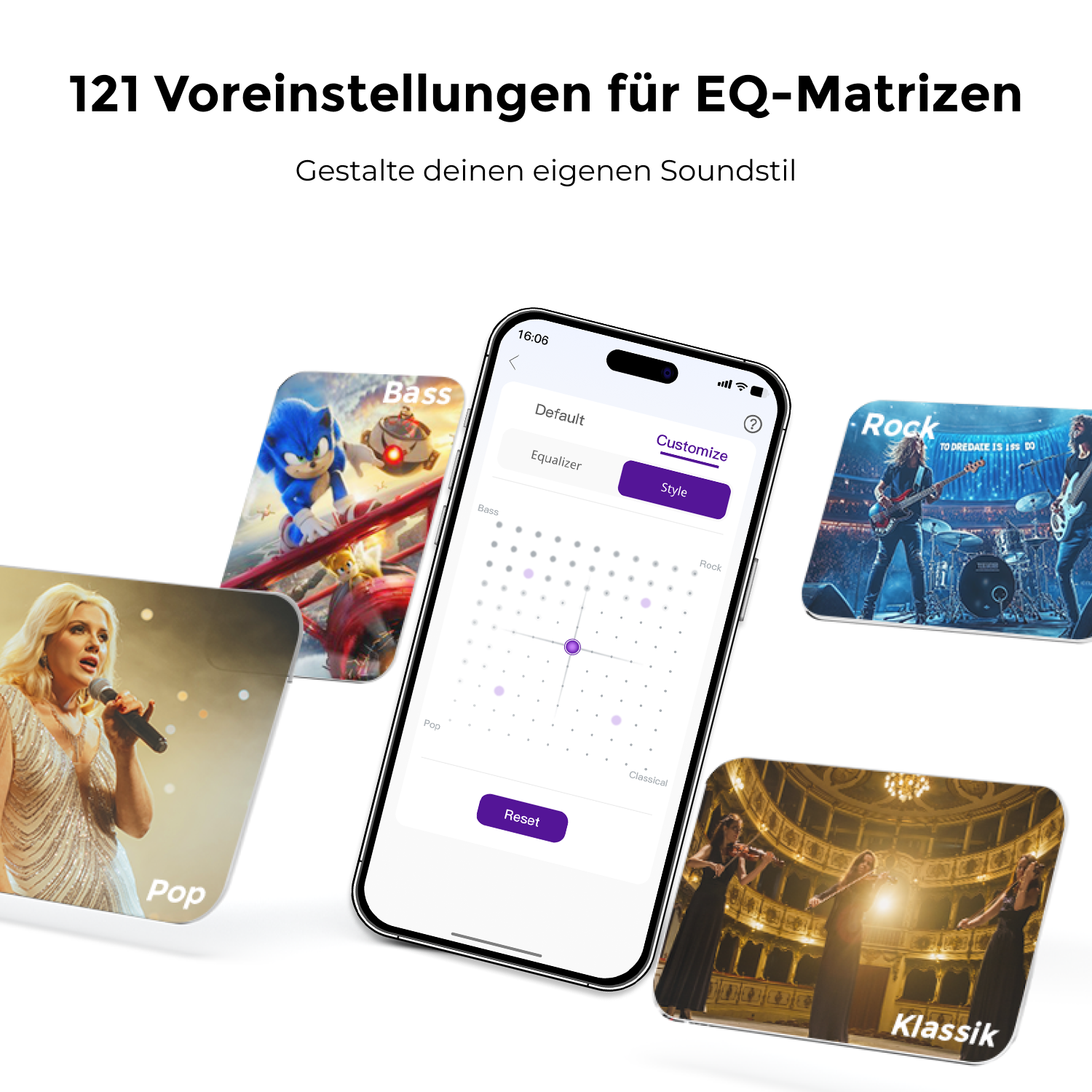 Telefonbildschirm zeigt eine Oberfläche. Verschiedene Bilder von Darstellern umgeben das Telefon.