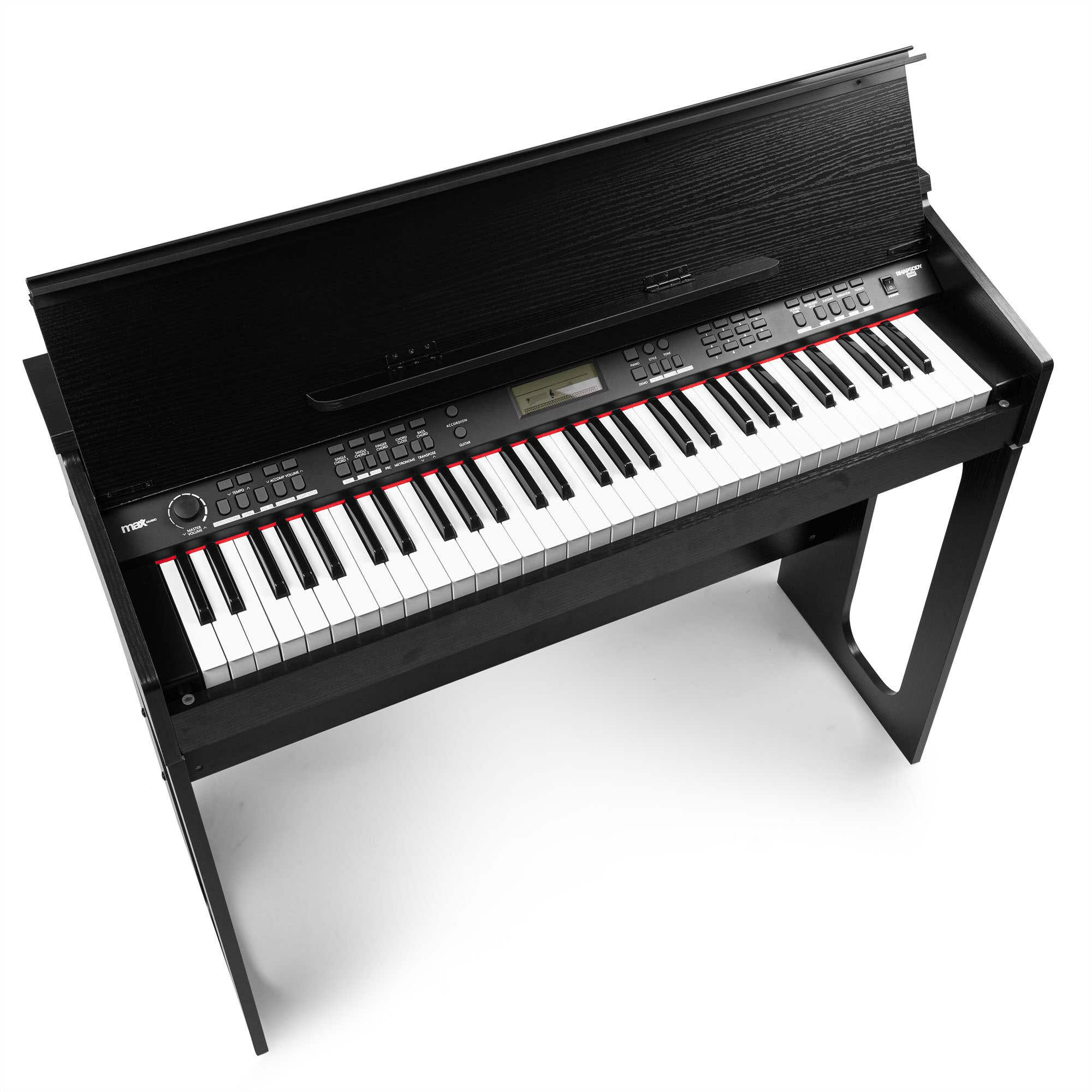 Schwarze Tastatur, weiße und schwarze Tasten, das Tablet ist oben und ein Hocker. Es ist auf weißem Grund.