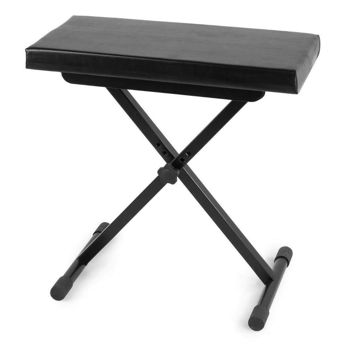 Schwarzer Keyboardhocker, schwarzer Sitz und schwarze Beine. Der Hocker hat eine X-Form.